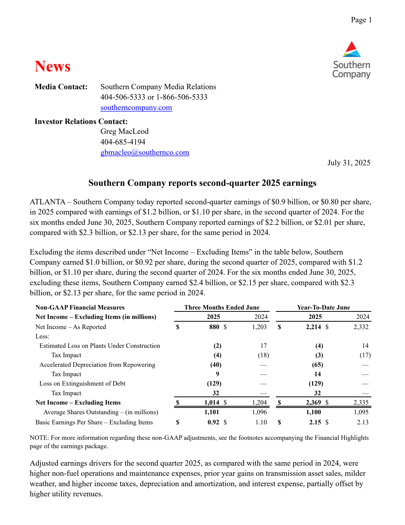 Southern's Q2 2025 Press Release