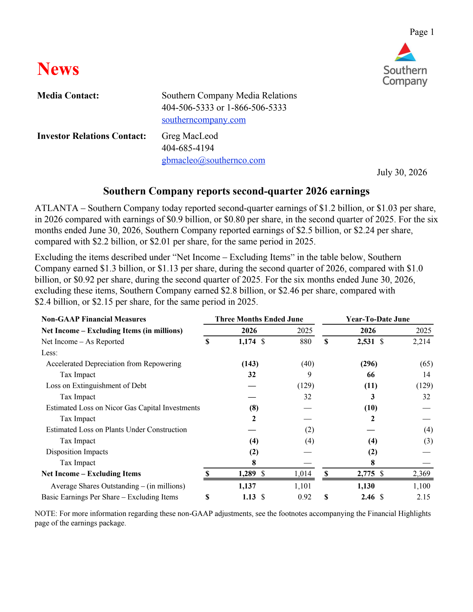 Southern's Q2 2026 Press Release