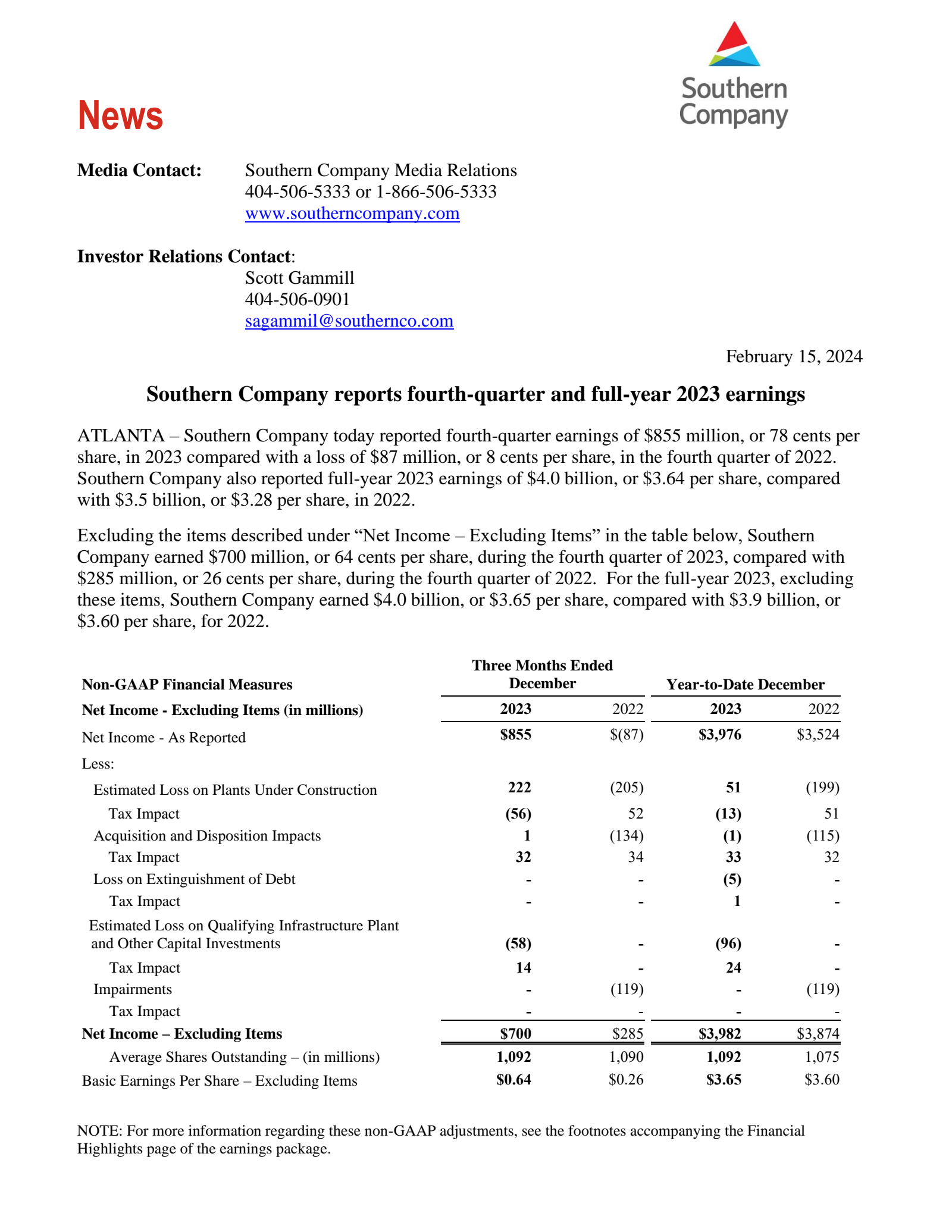 Southern's Q4 2023 Press Release