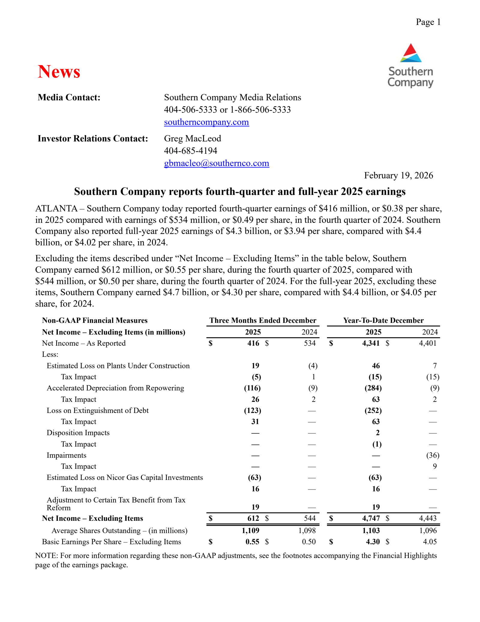 Southern's Q4 2025 Press Release