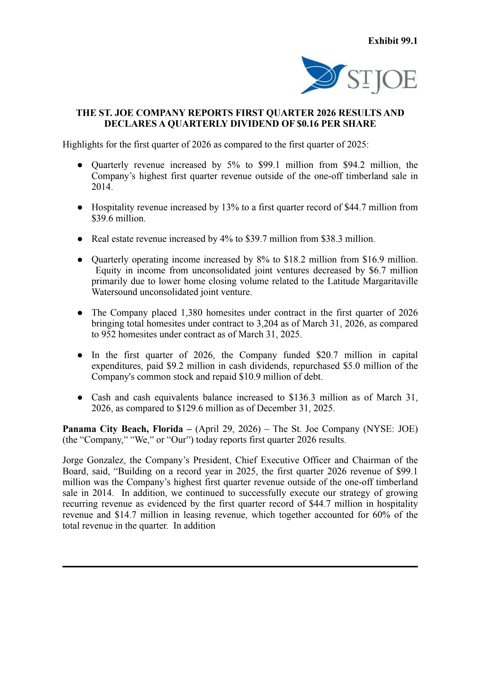 St. Joe's Q1 2026 Press Release