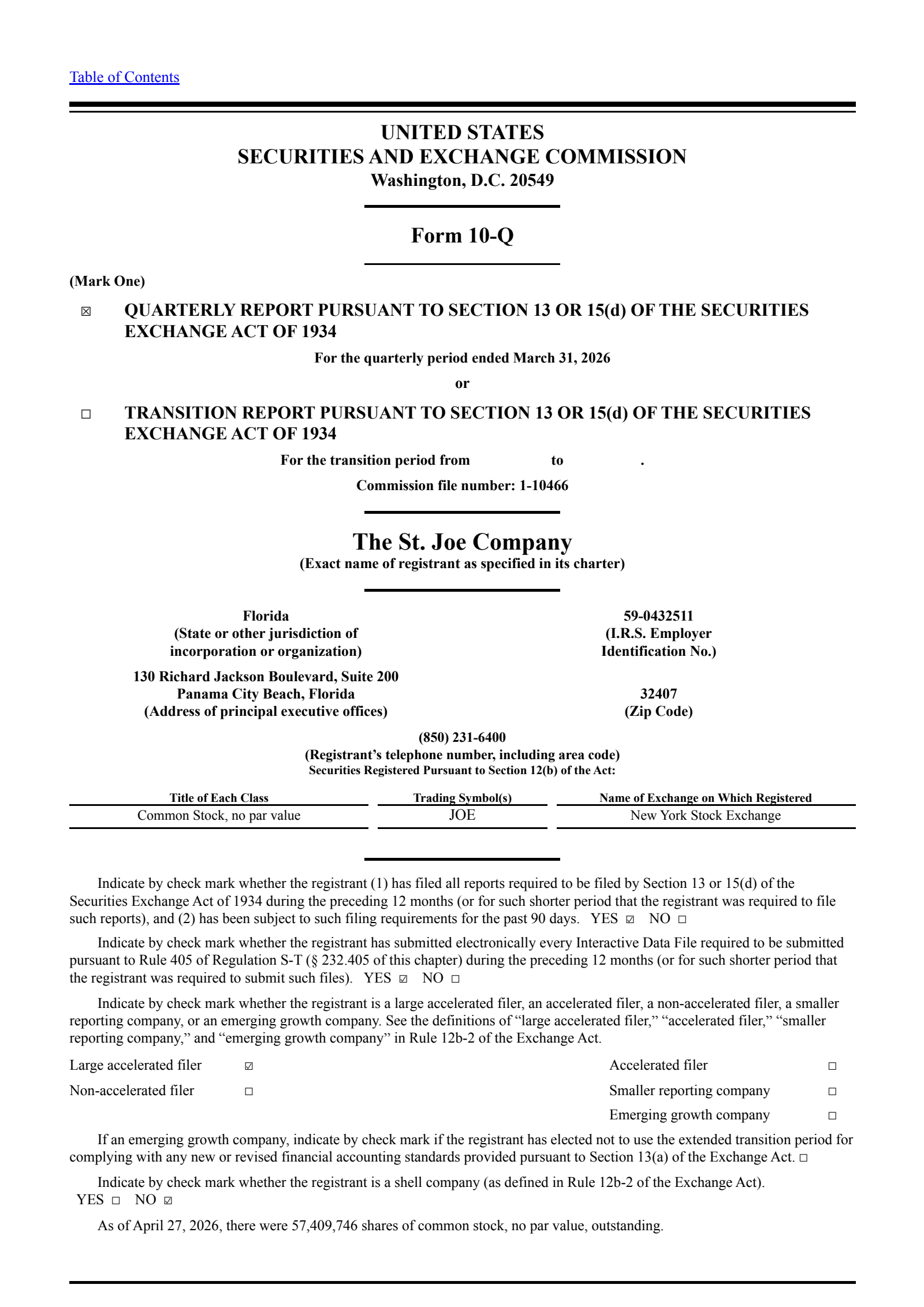 St. Joe's Q1 2026 Quarterly report