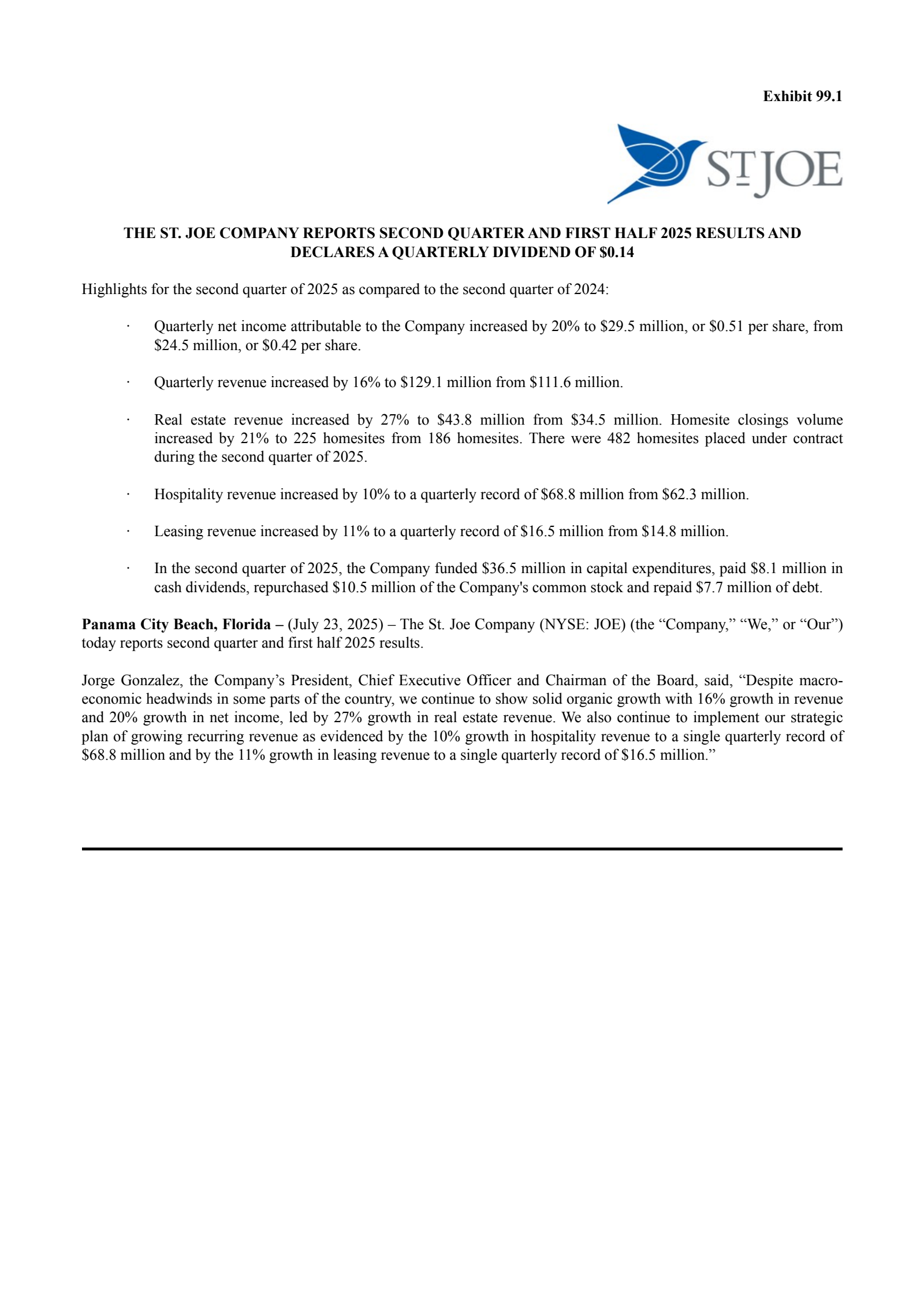 St. Joe's Q2 2025 Press Release