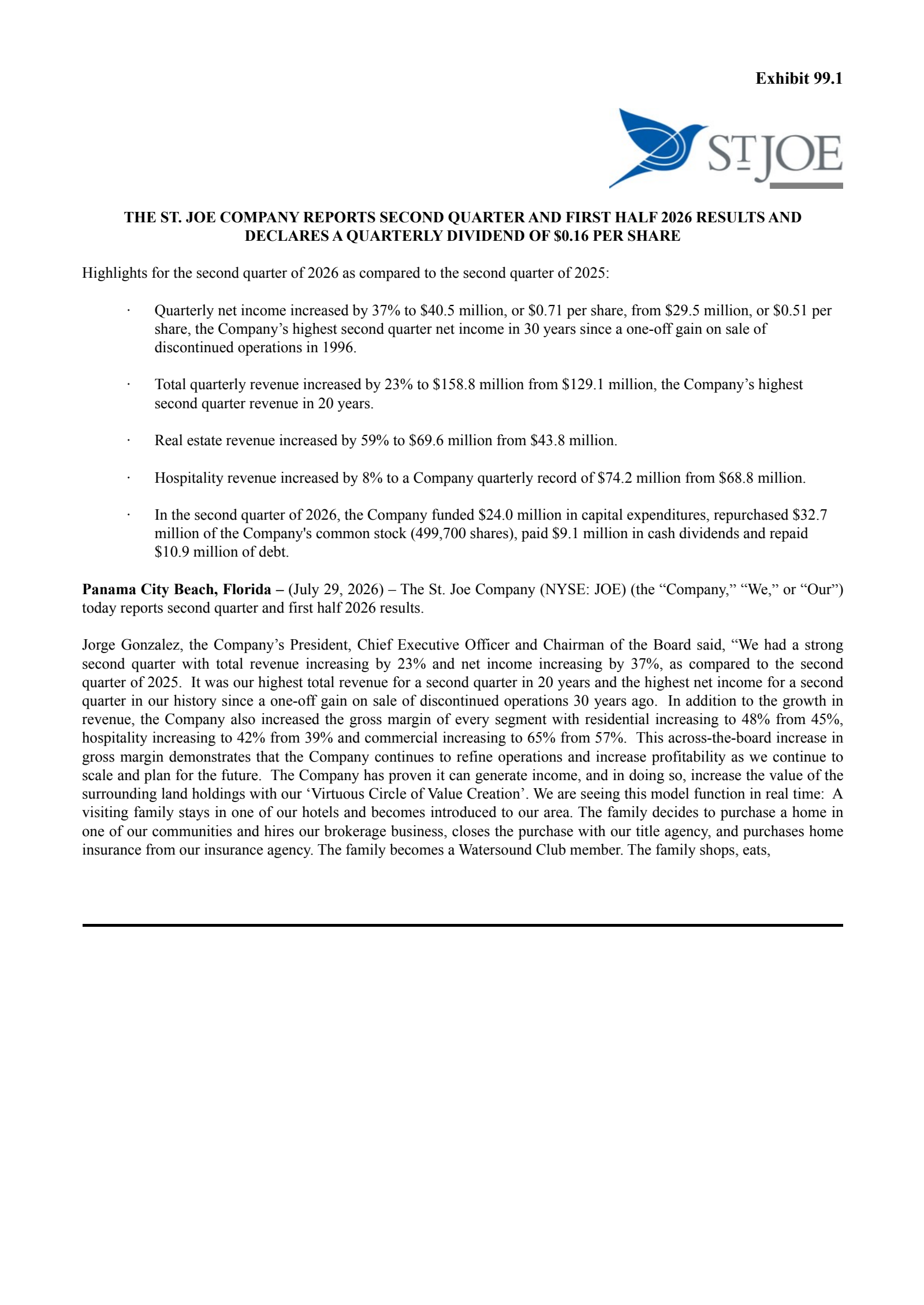 St. Joe's Q2 2026 Press Release
