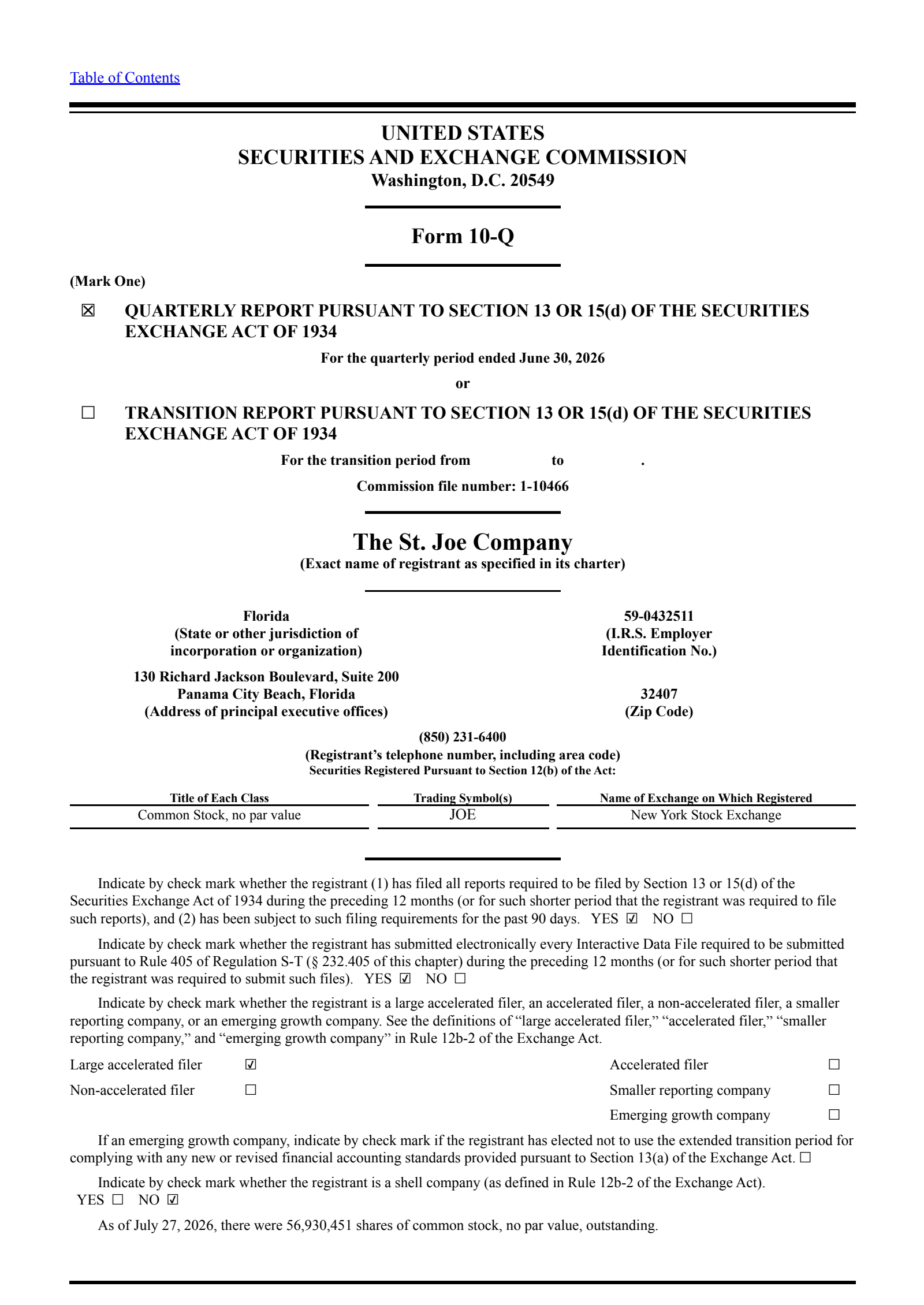 St. Joe's Q2 2026 Quarterly report