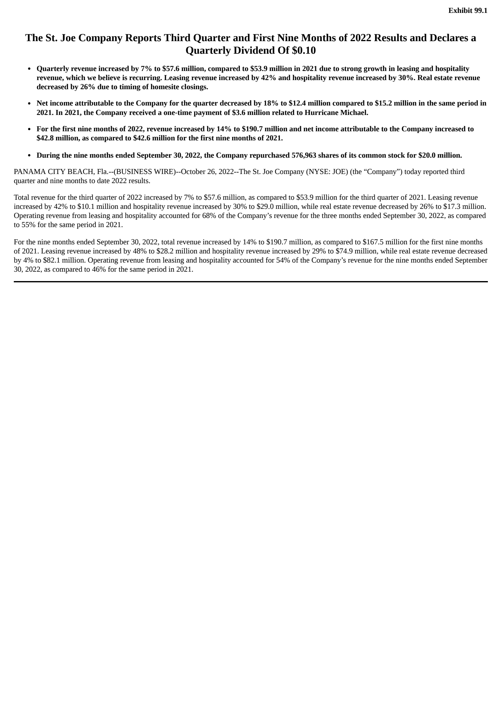 St. Joe's Q3 2023 Press Release