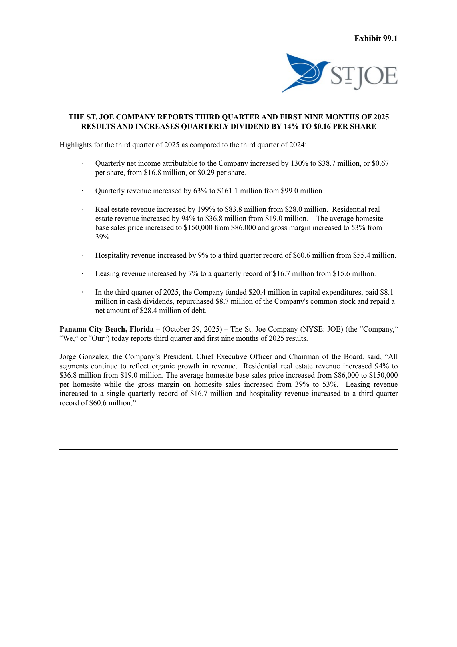 St. Joe's Q3 2025 Earnings Release