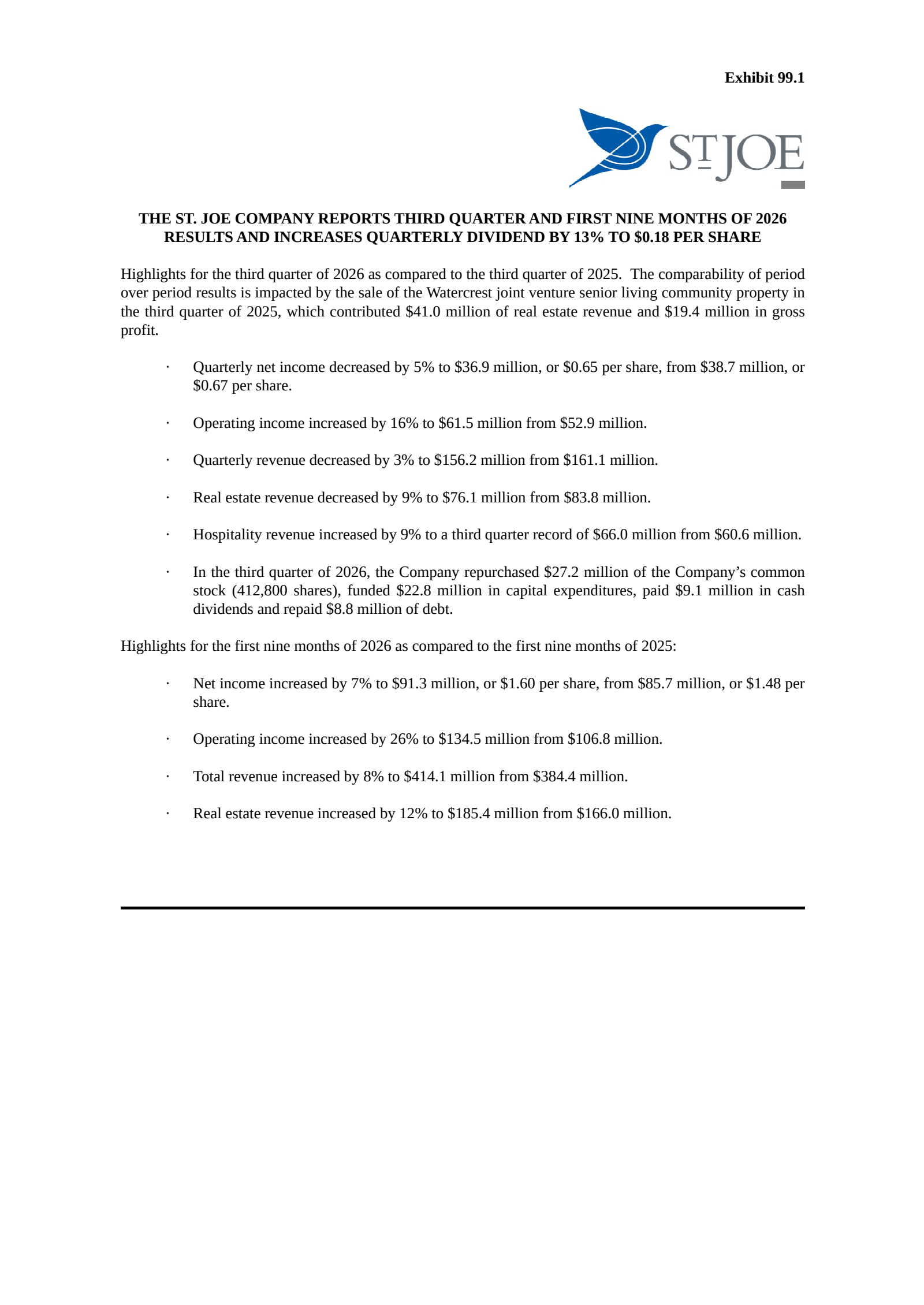 St. Joe's Q3 2026 Press Release