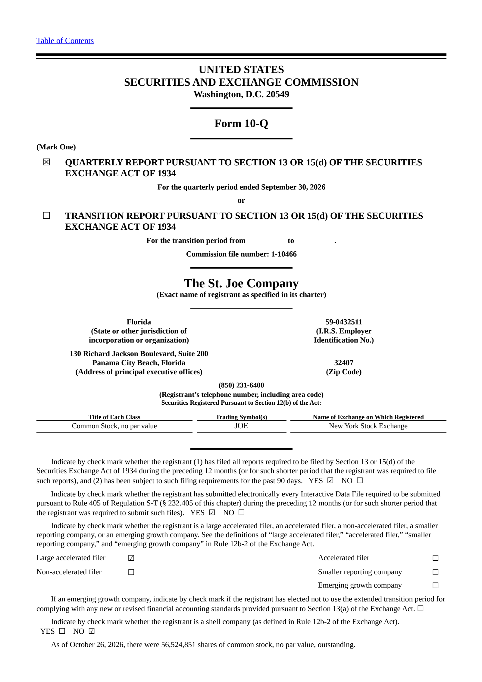 St. Joe's Q3 2026 Quarterly report
