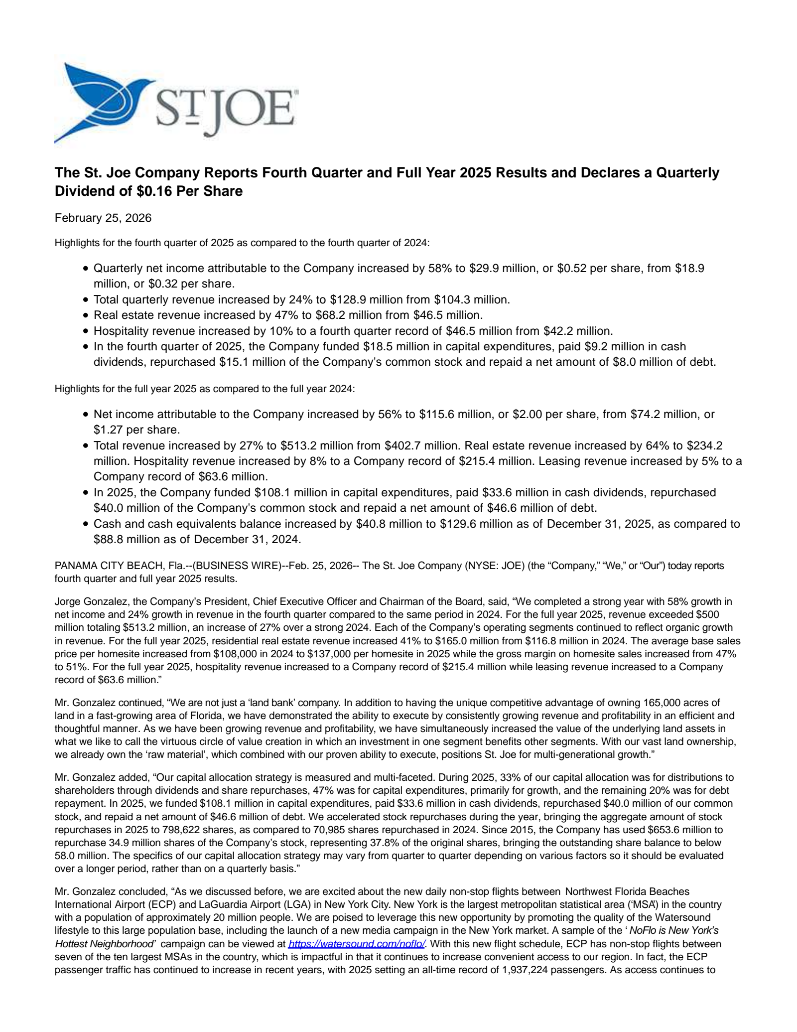St. Joe's Q4 2025 Press Release
