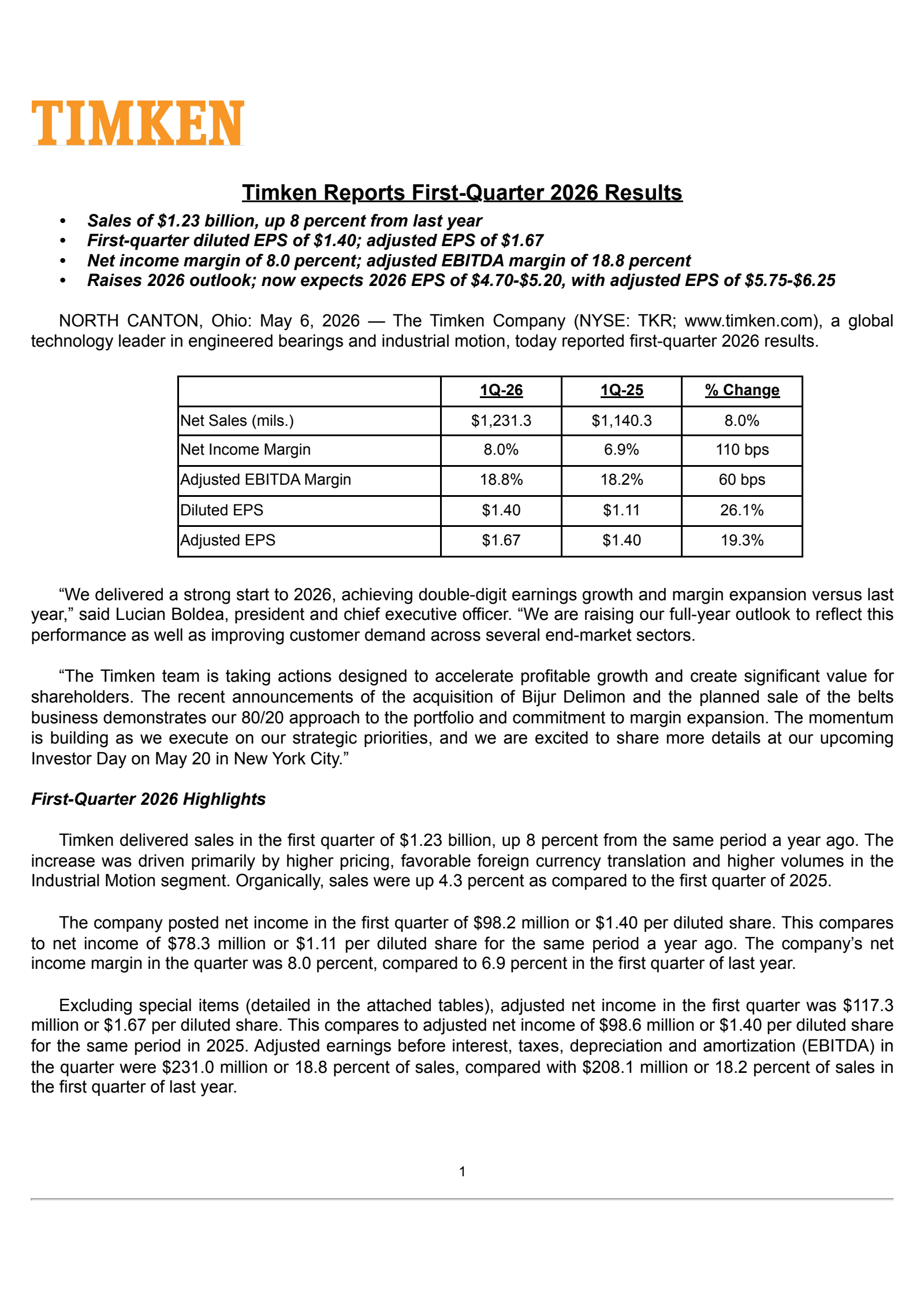Timken's Q1 2026 Press Release