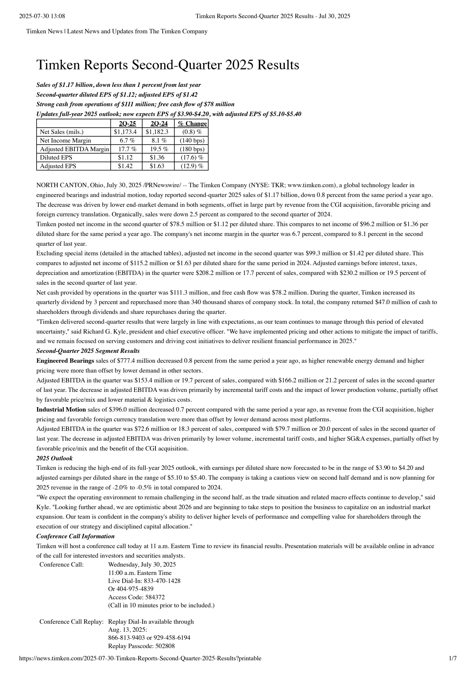 Timken's Q2 2025 Press Release