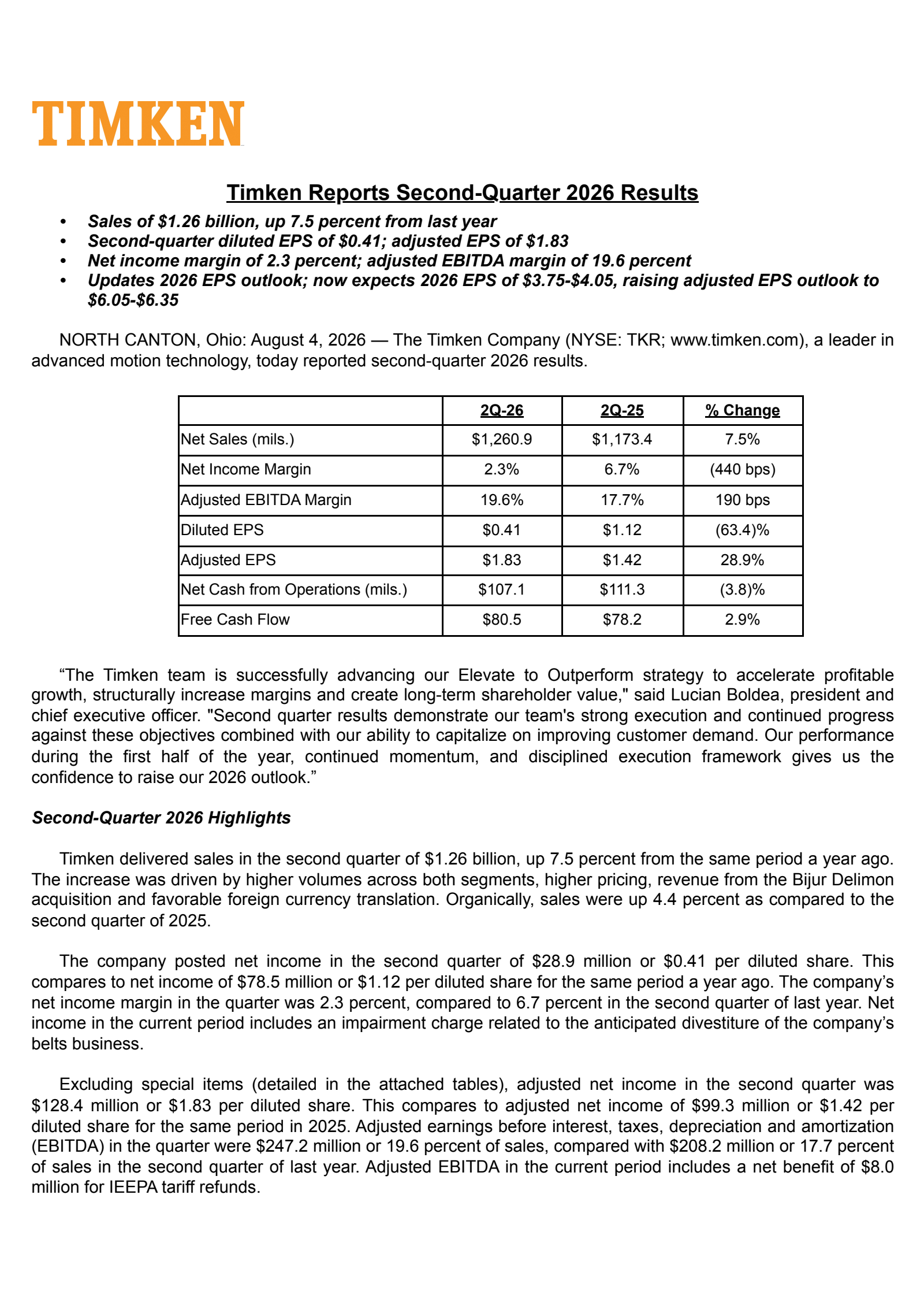 Timken's Q2 2026 Press Release
