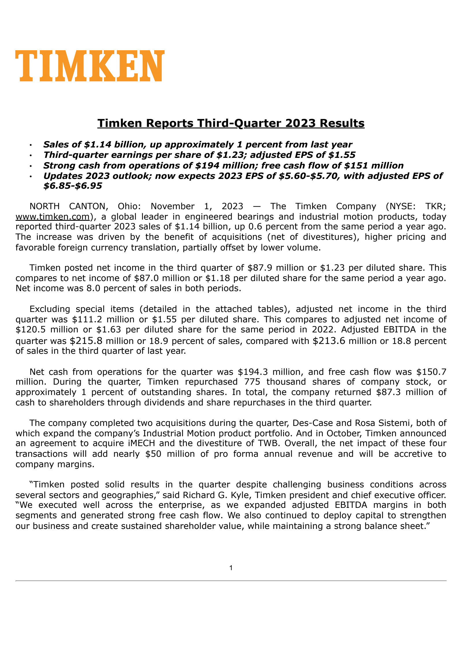 Timken's Q3 2023 Press Release