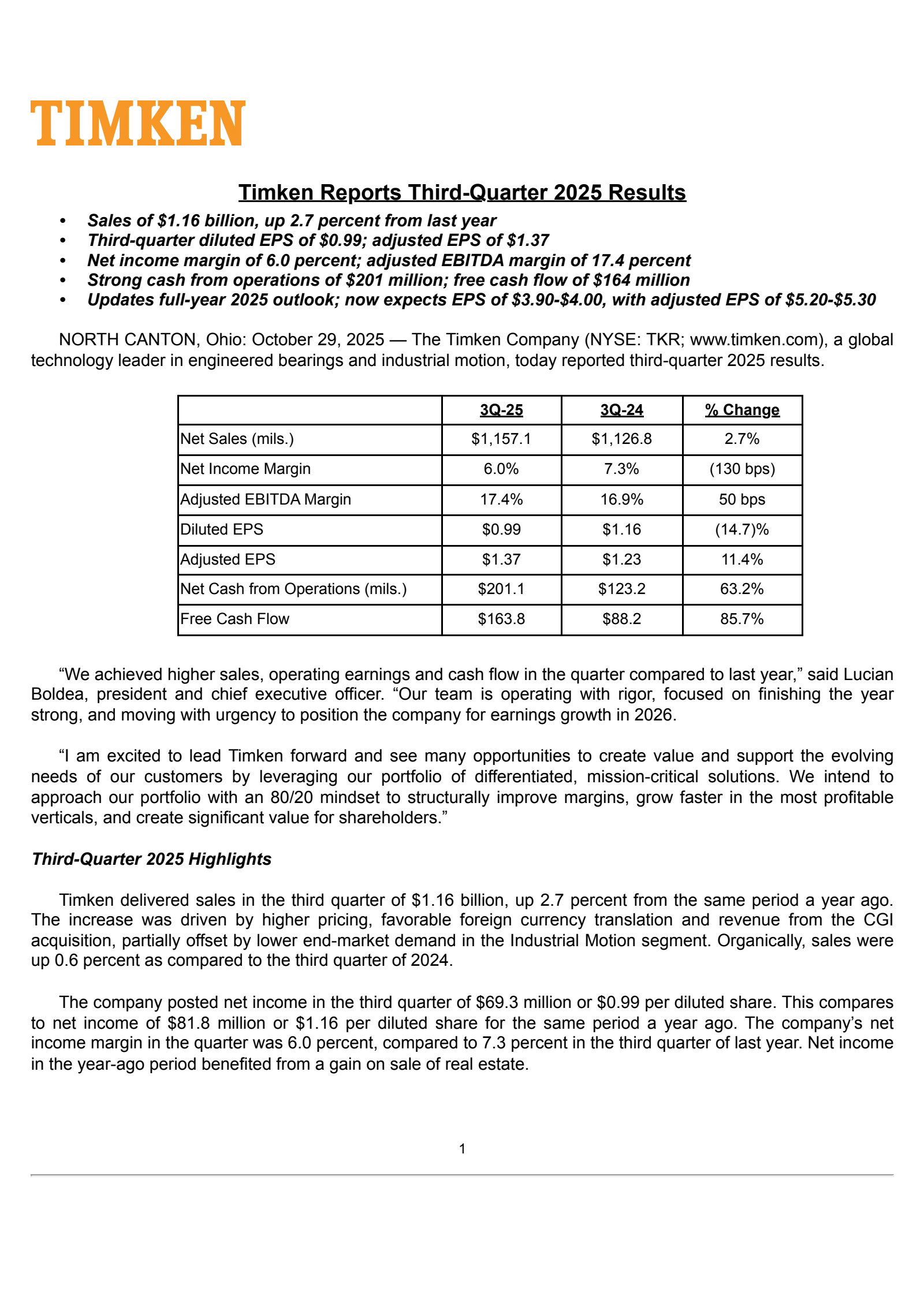 Timken's Q3 2025 Earnings Release