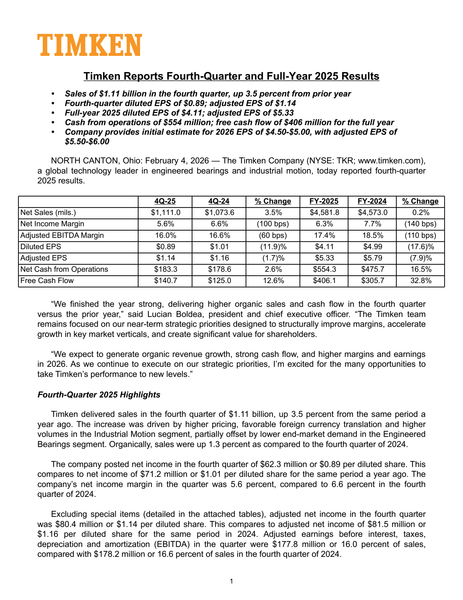Timken's Q4 2025 Press Release