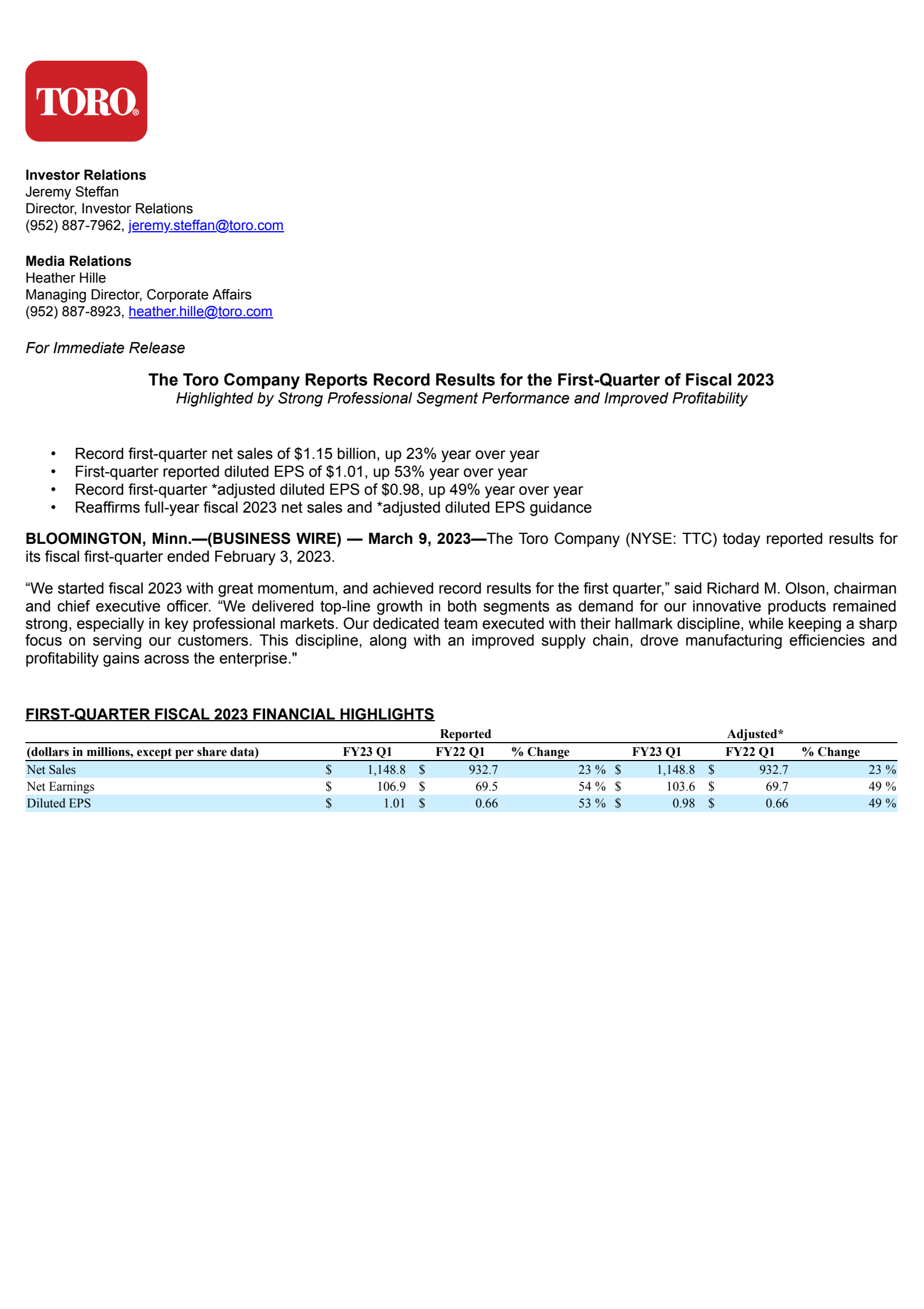 Toro's Q1 2023 Press Release