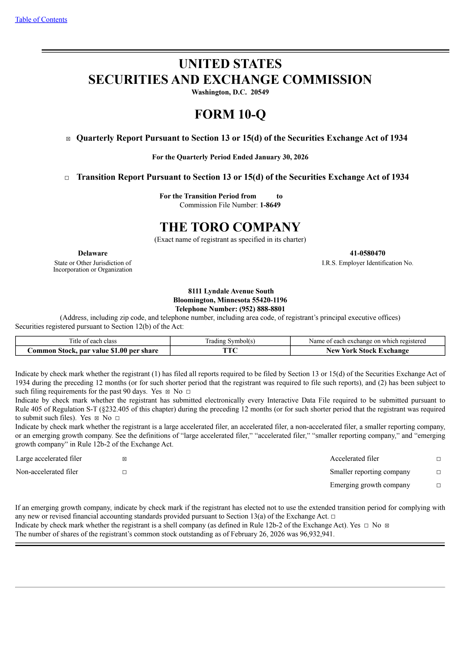 Toro's Q1 2026 Quarterly report