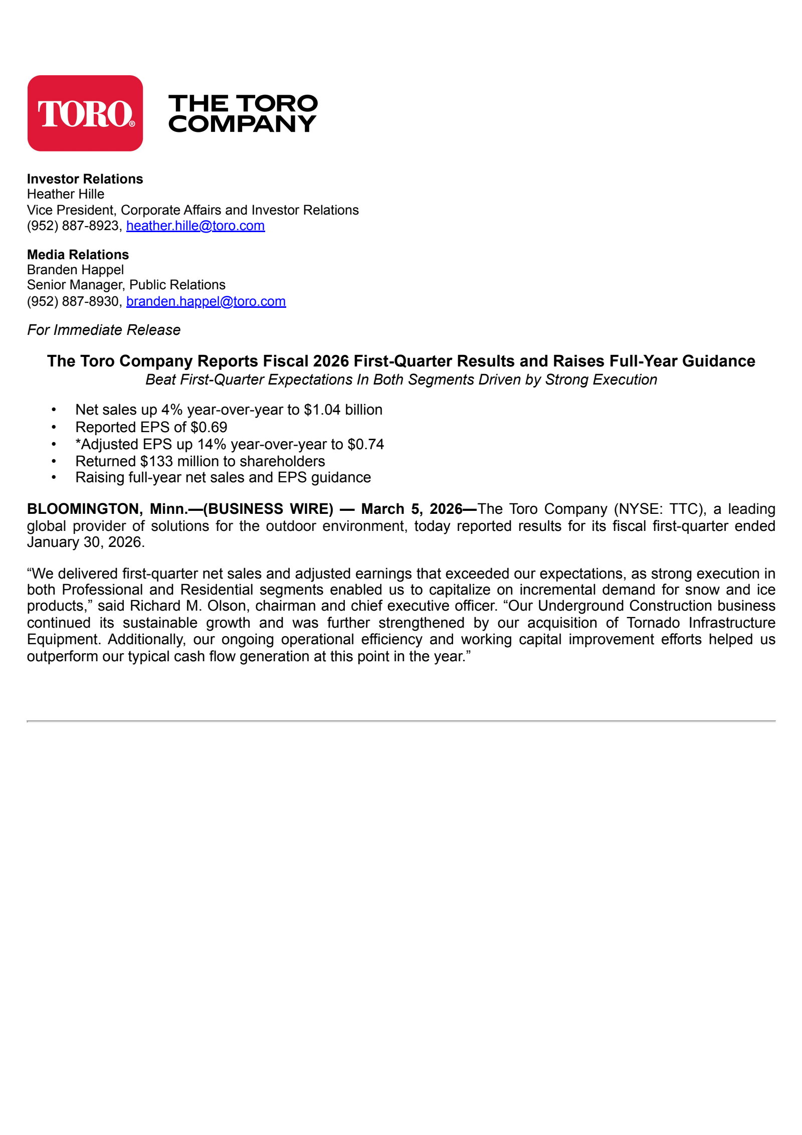 Toro's Q1 2026 Press Release