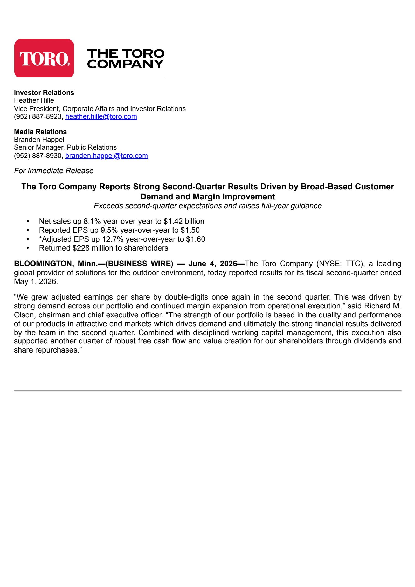 Toro's Q2 2026 Press Release