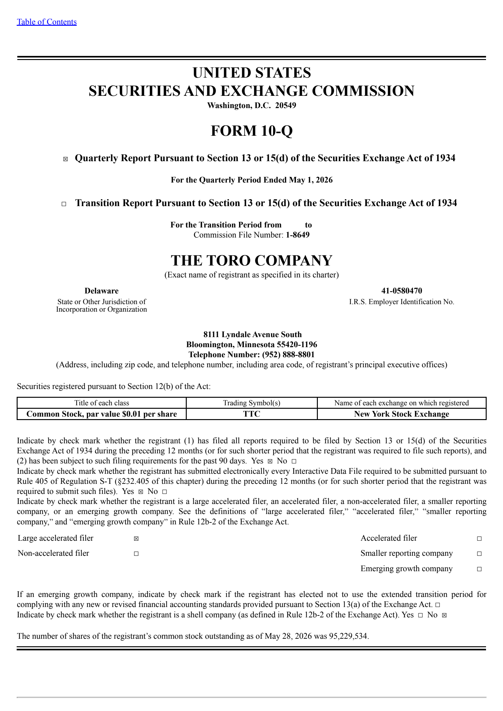 Toro's Q2 2026 Quarterly report