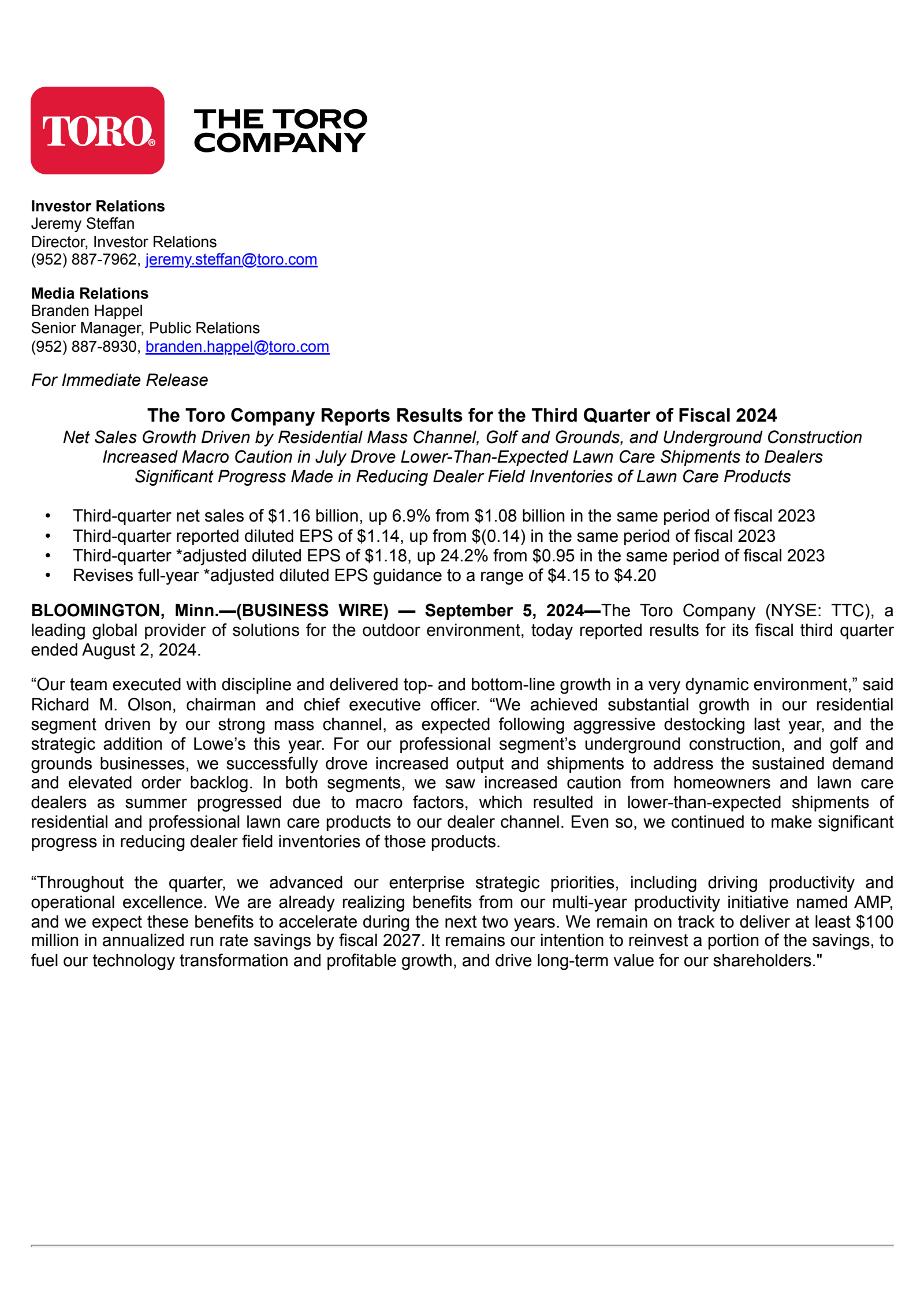 Toro's Q3 2024 Press Release