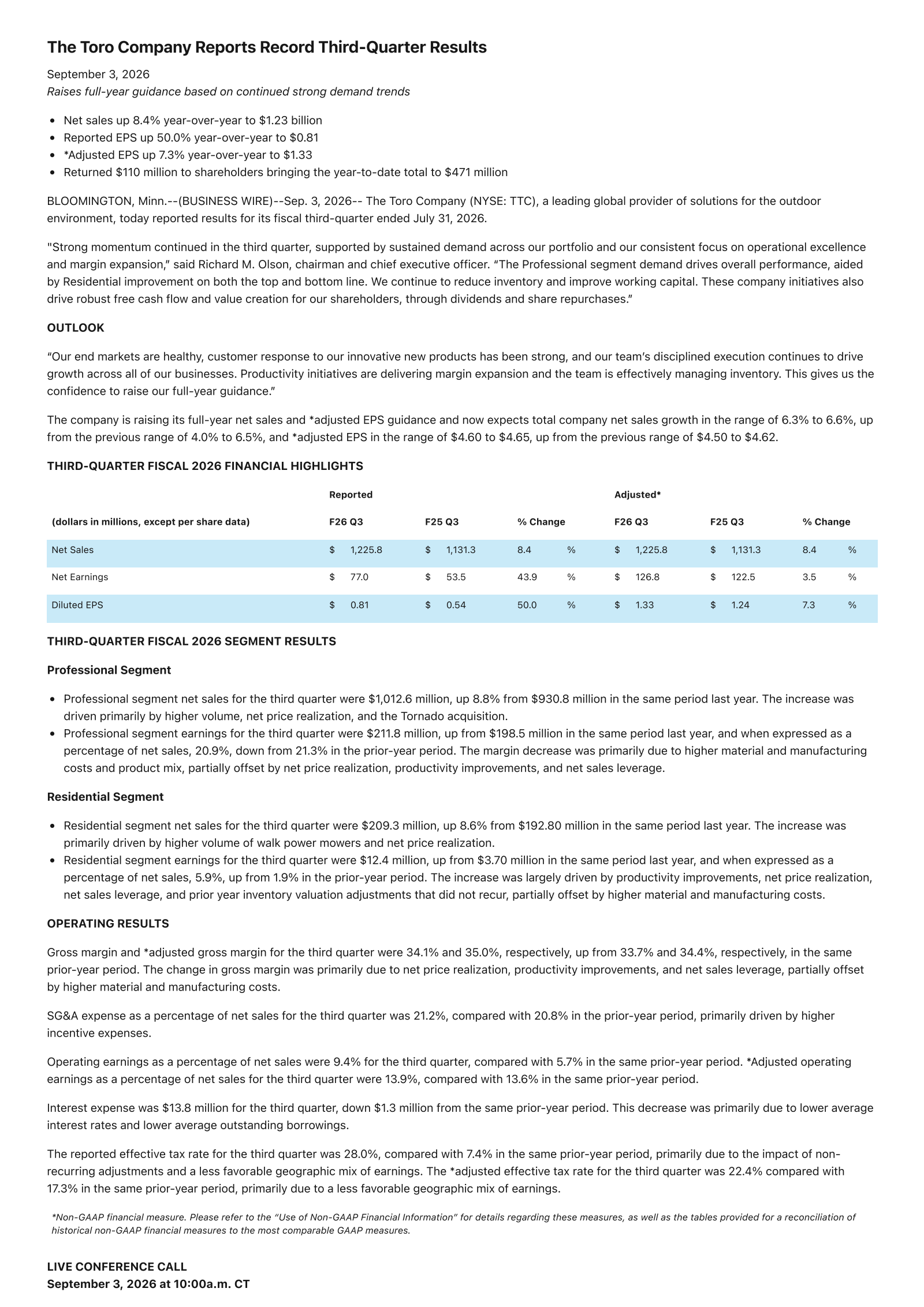 Toro's Q3 2026 Press Release