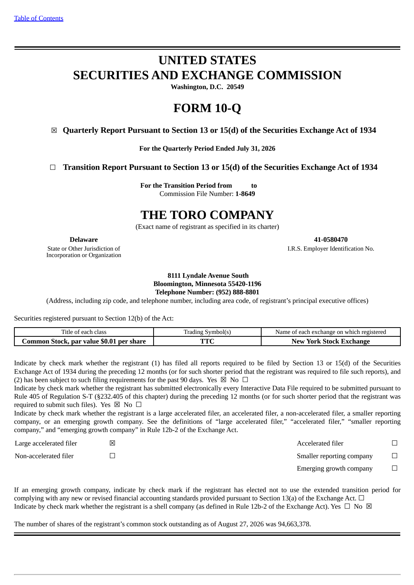 Toro's Q3 2026 Quarterly report