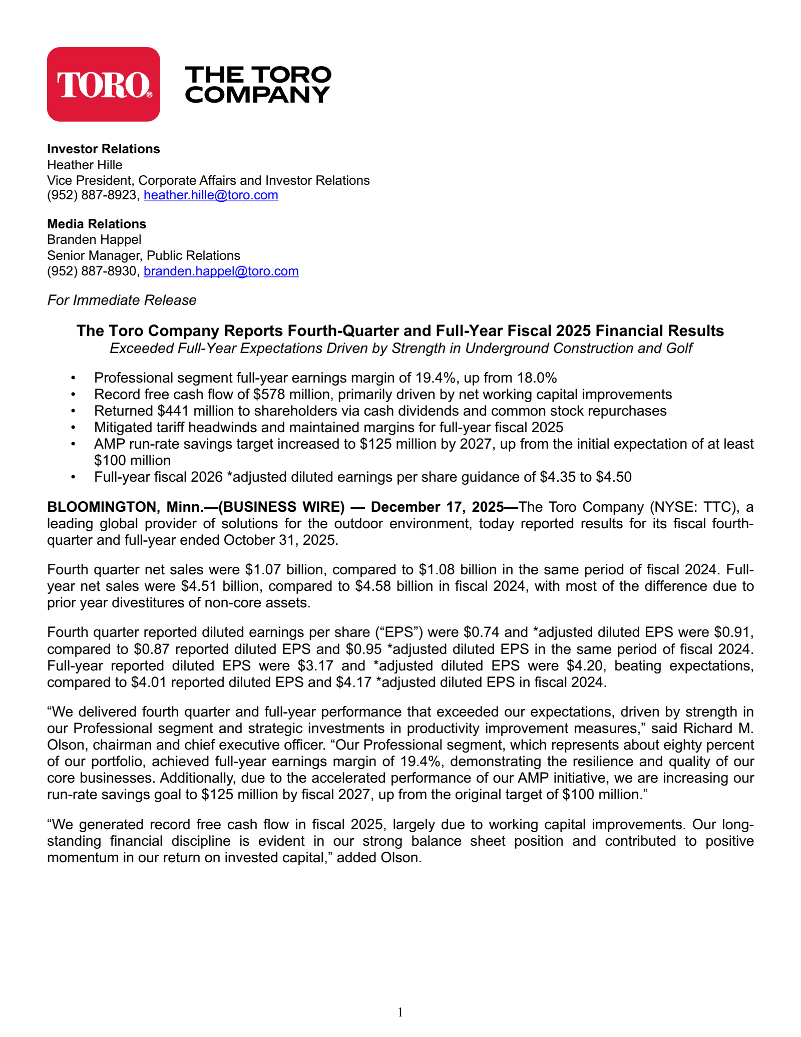 Toro's Q4 2025 Earnings Release