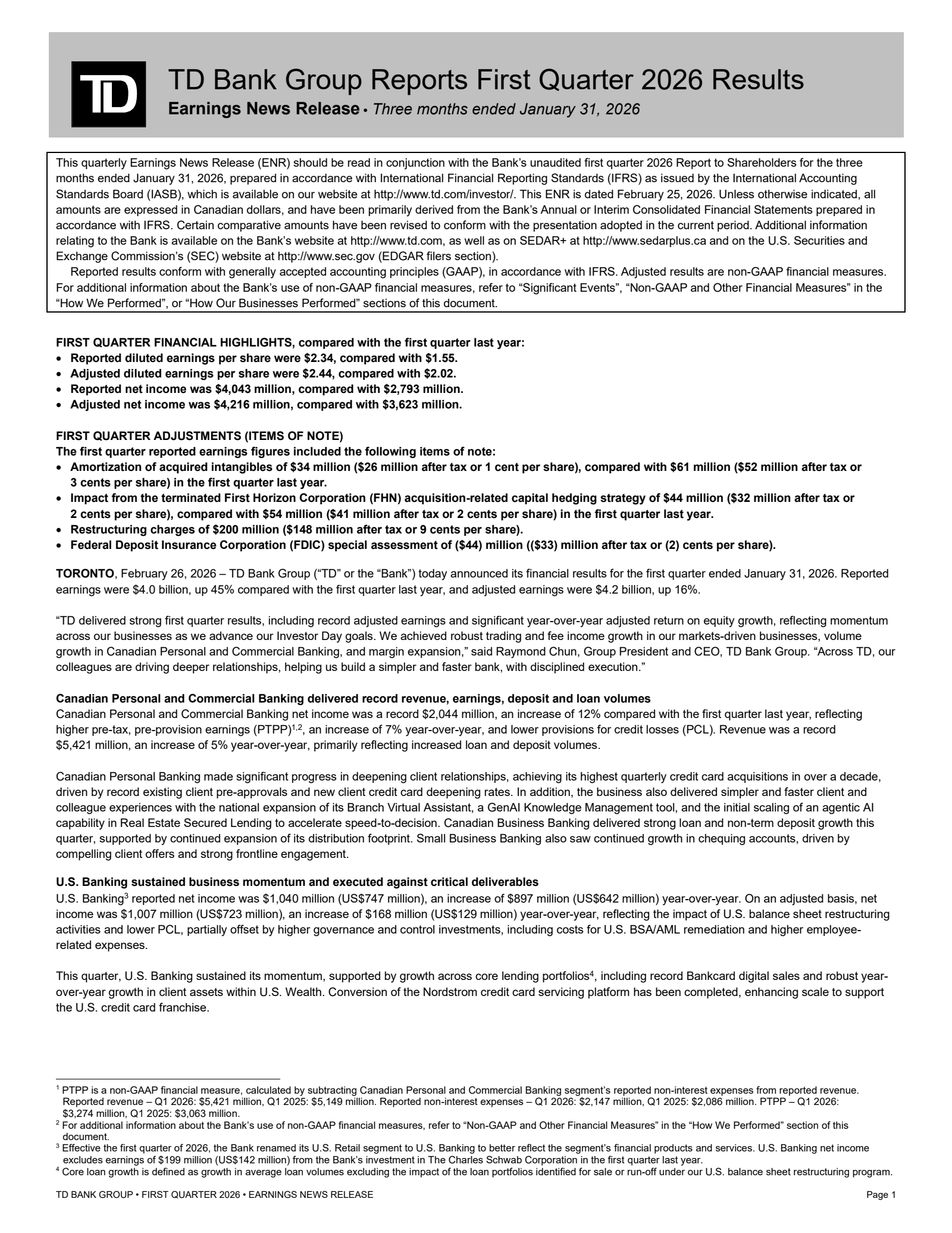 Toronto Dominion Bank's Q1 2026 Press Release