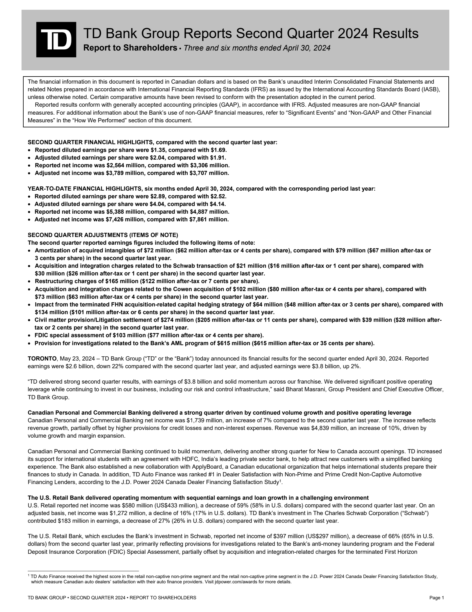Toronto Dominion Bank's Q2 2024 Interim report