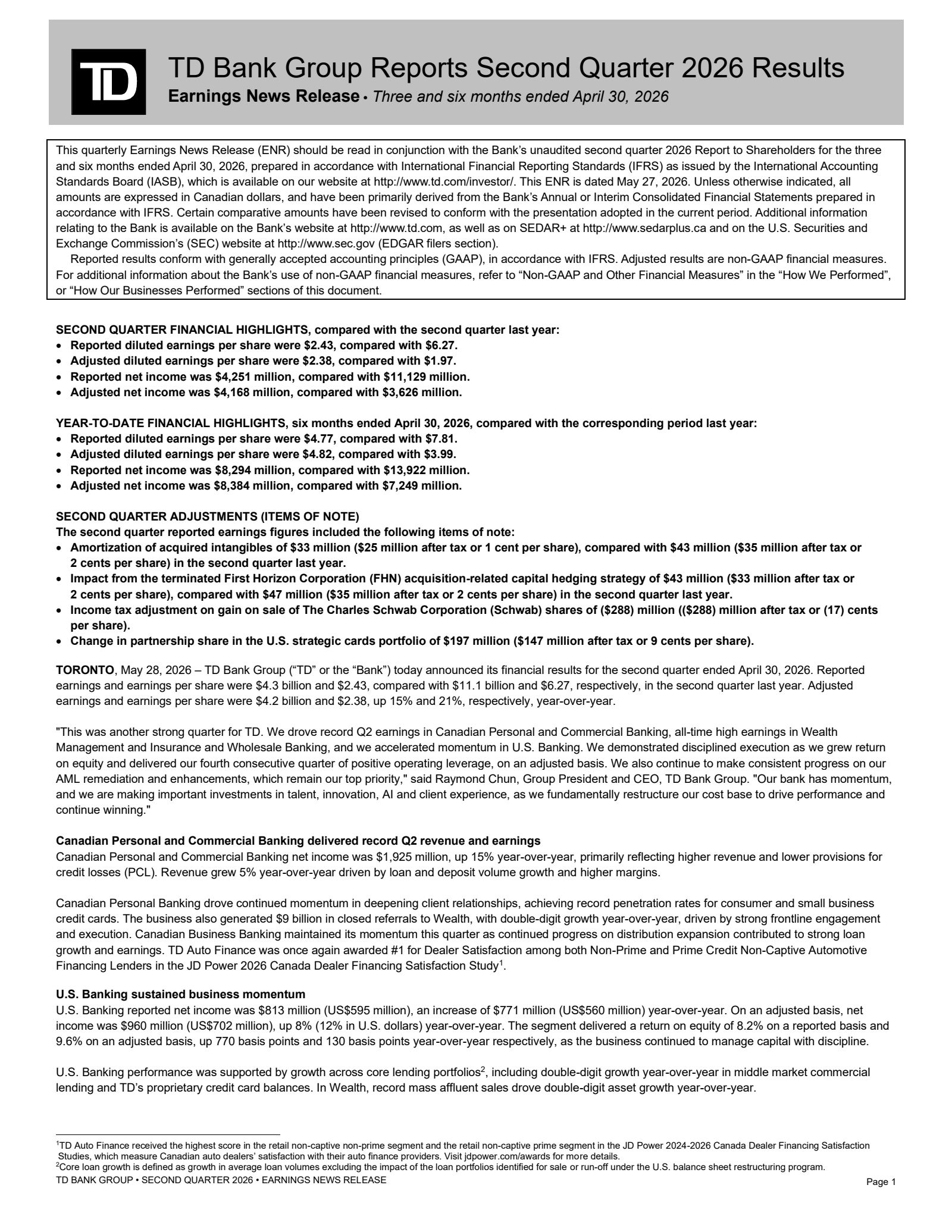 Toronto Dominion Bank's Q2 2026 Press Release