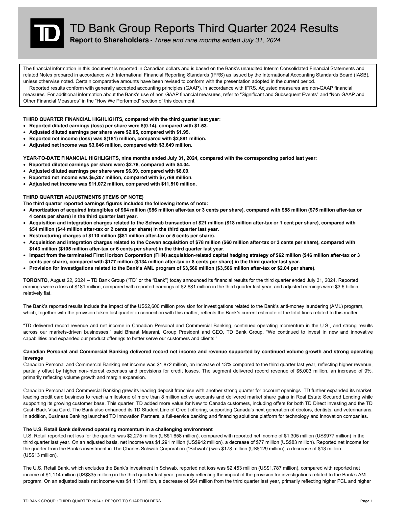 Toronto Dominion Bank's Q3 2024 Interim report