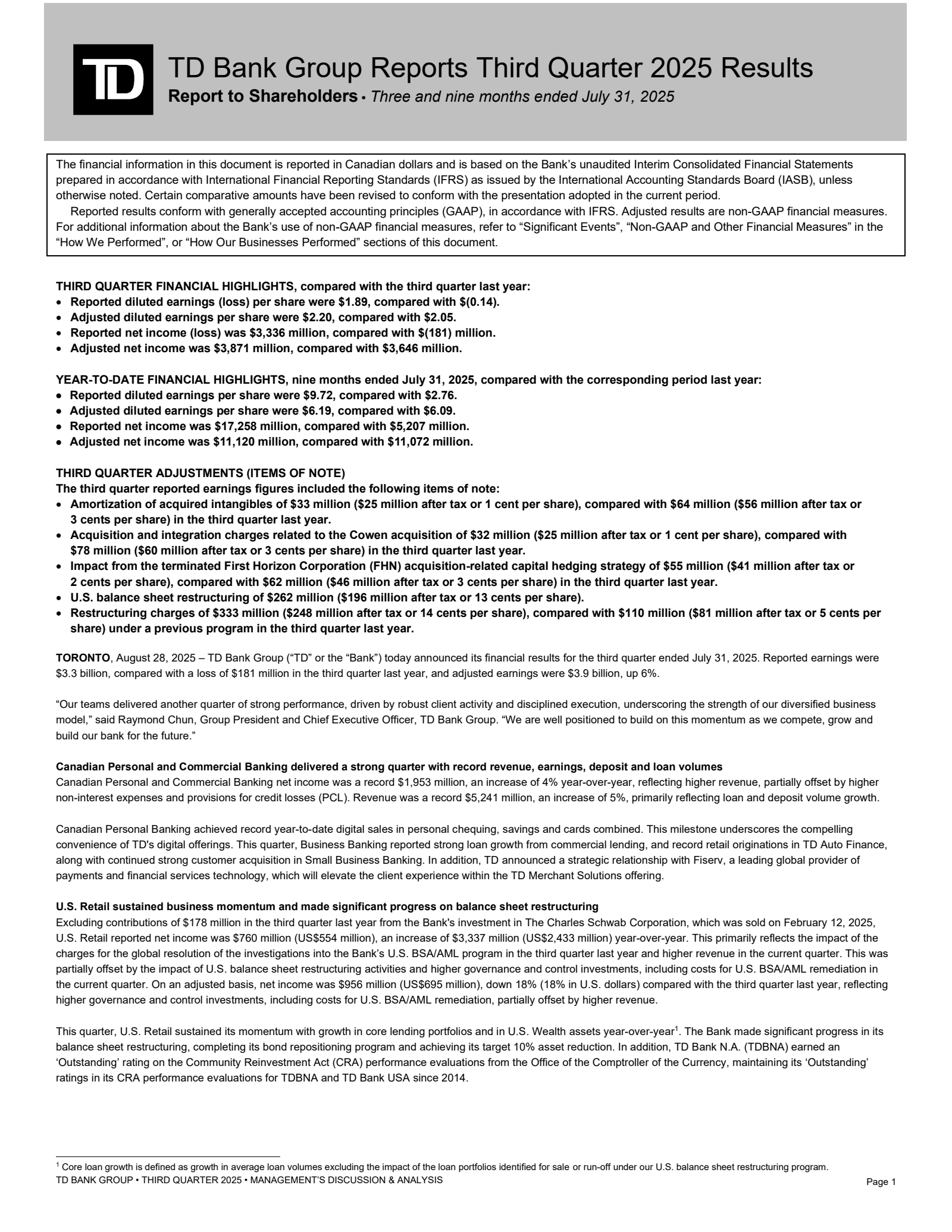 Toronto Dominion Bank's Q3 2025 Interim report