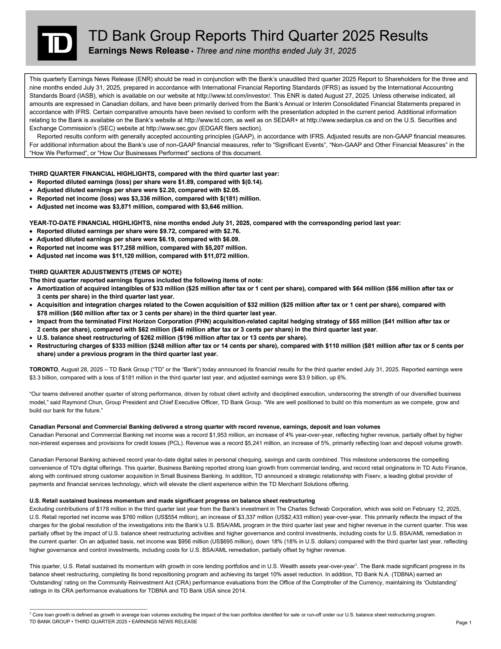 Toronto Dominion Bank's Q3 2025 Press Release