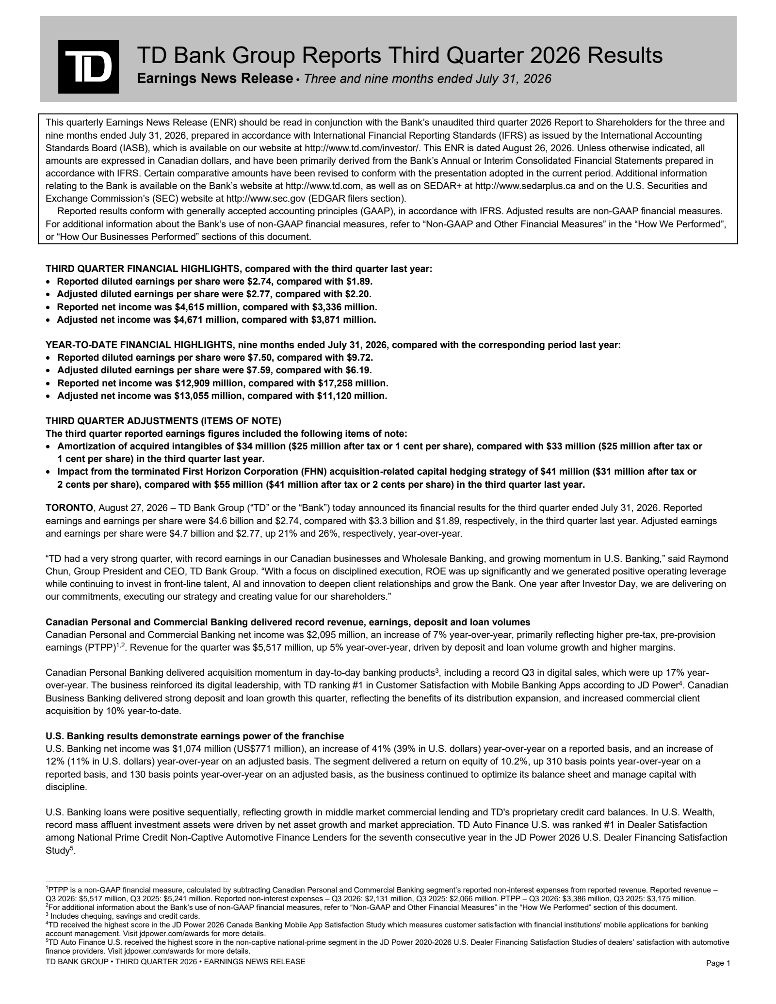 Toronto Dominion Bank's Q3 2026 Press Release