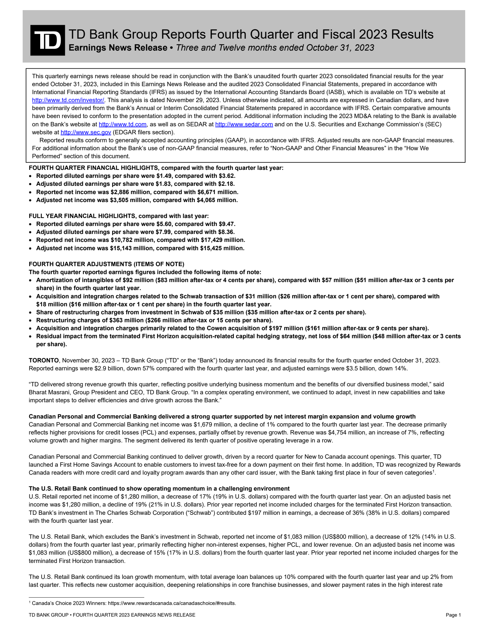 Toronto Dominion Bank's Q4 2023 Press Release
