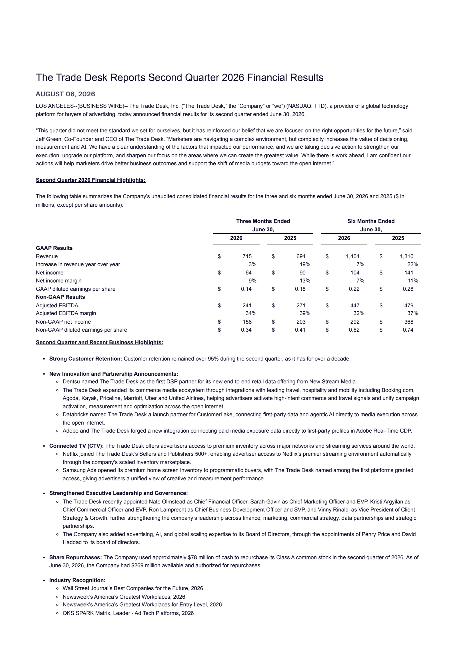 Trade Desk's Q2 2026 Press Release