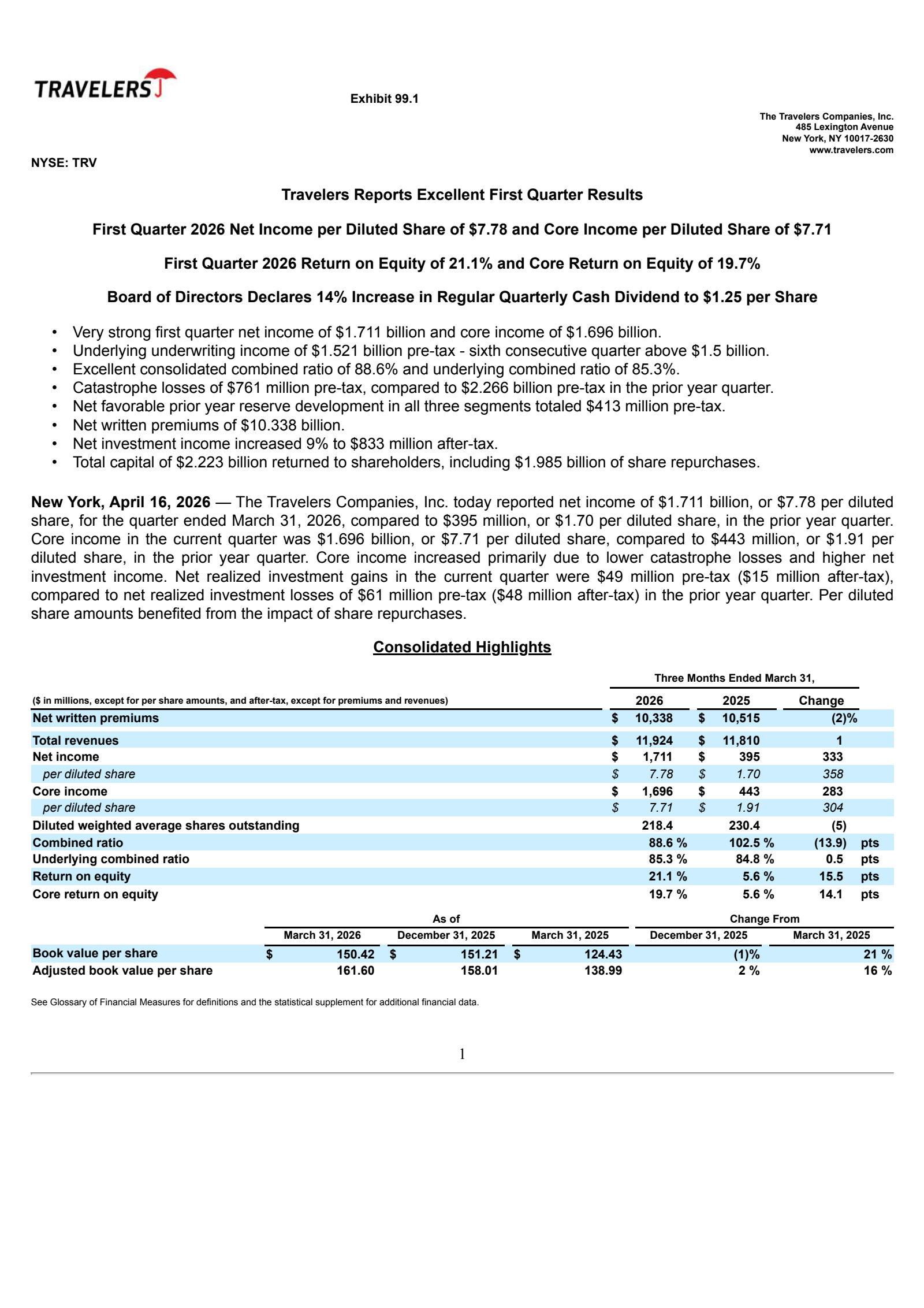 Travelers Companies' Q1 2026 Press Release
