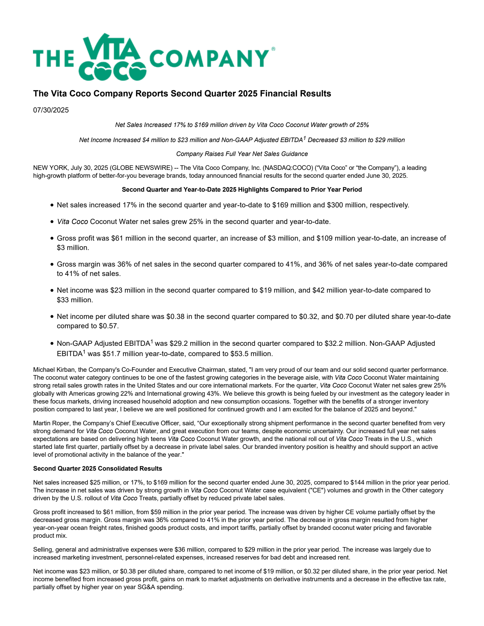 Vita Coco's Q2 2025 Press Release