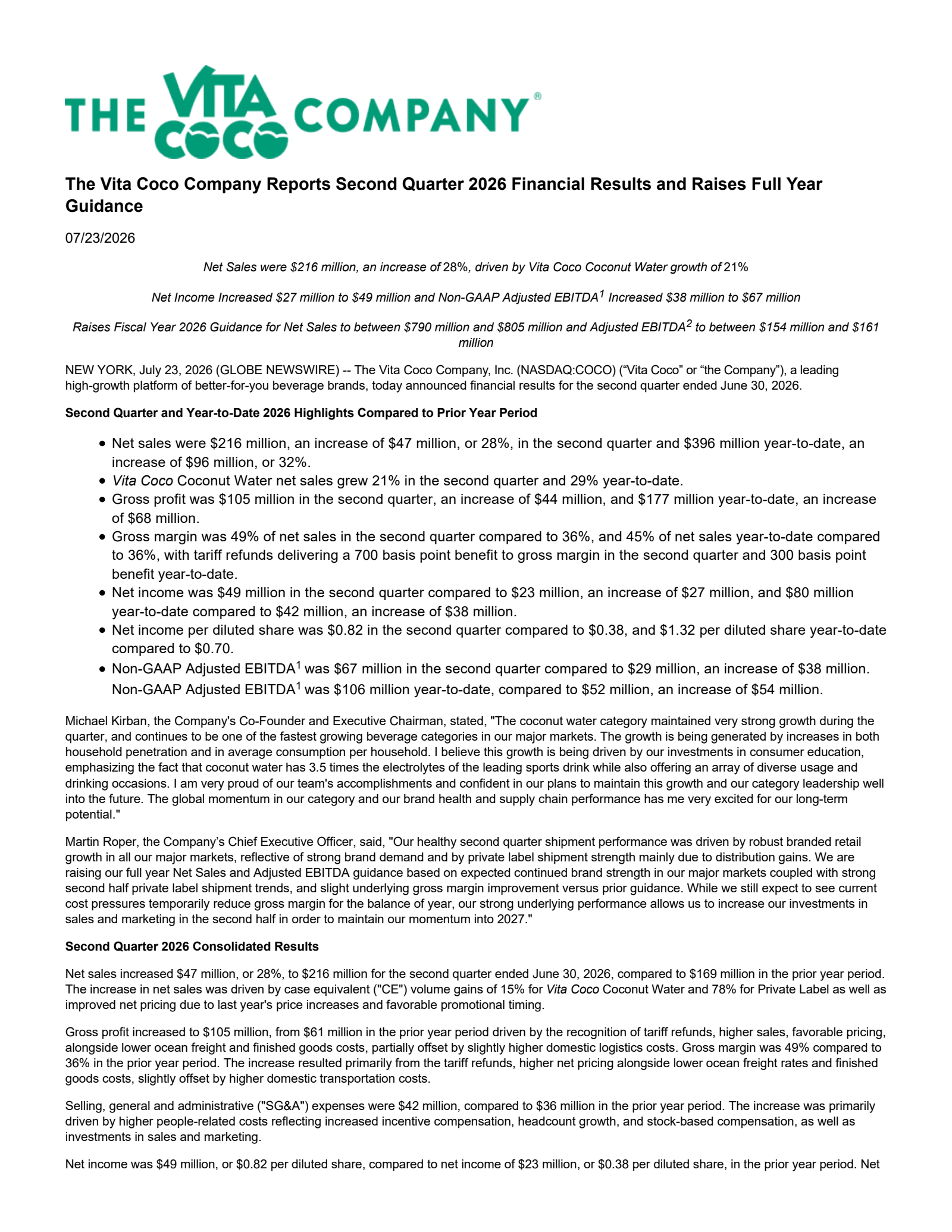 Vita Coco's Q2 2026 Press Release