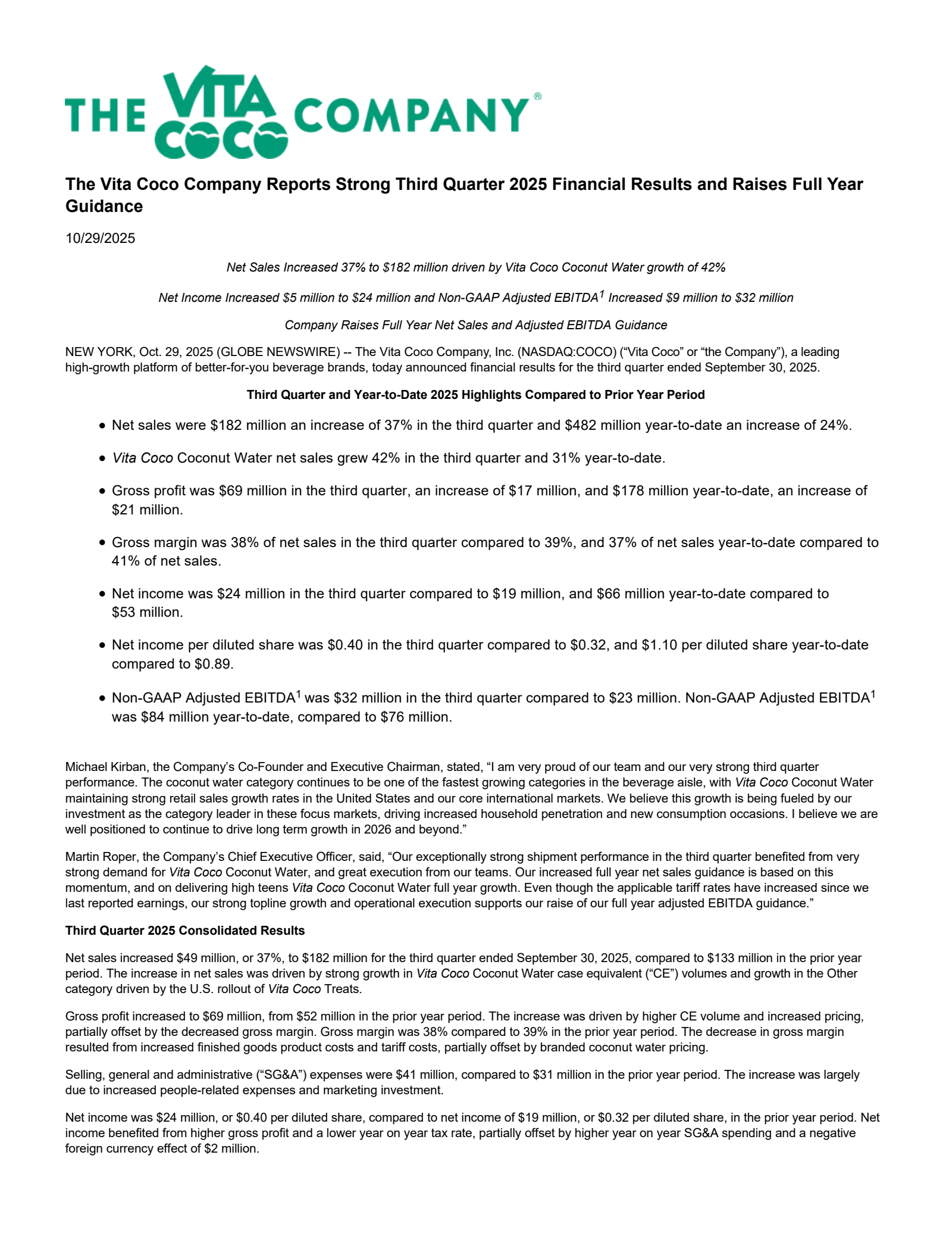 Vita Coco's Q3 2025 Earnings Release