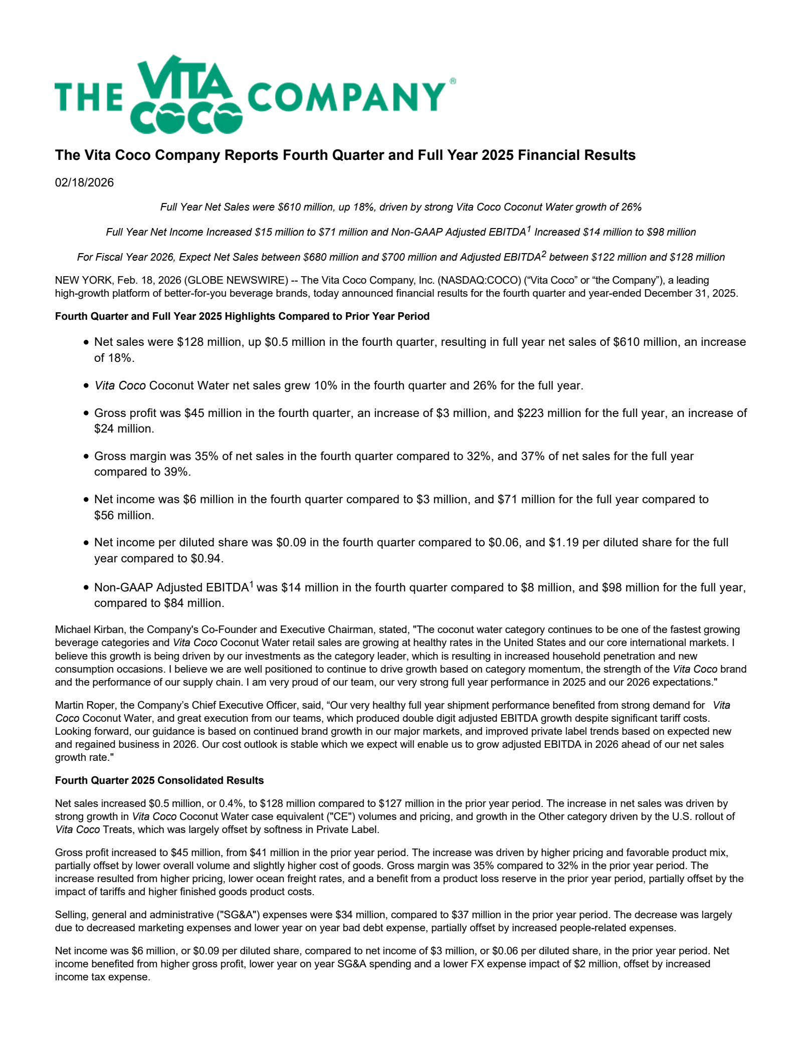 Vita Coco's Q4 2025 Press Release