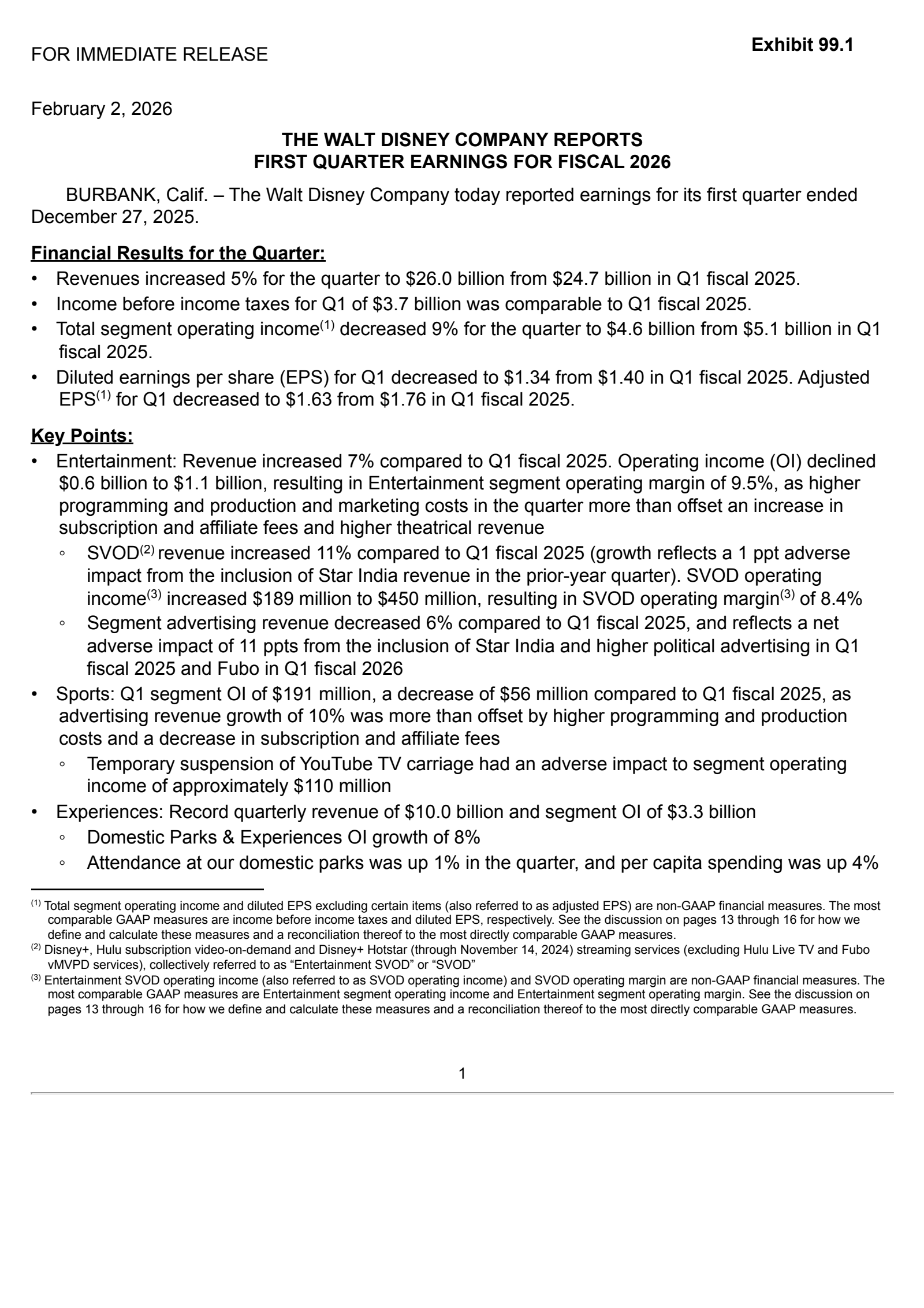 Walt Disney's Q1 2026 Press Release
