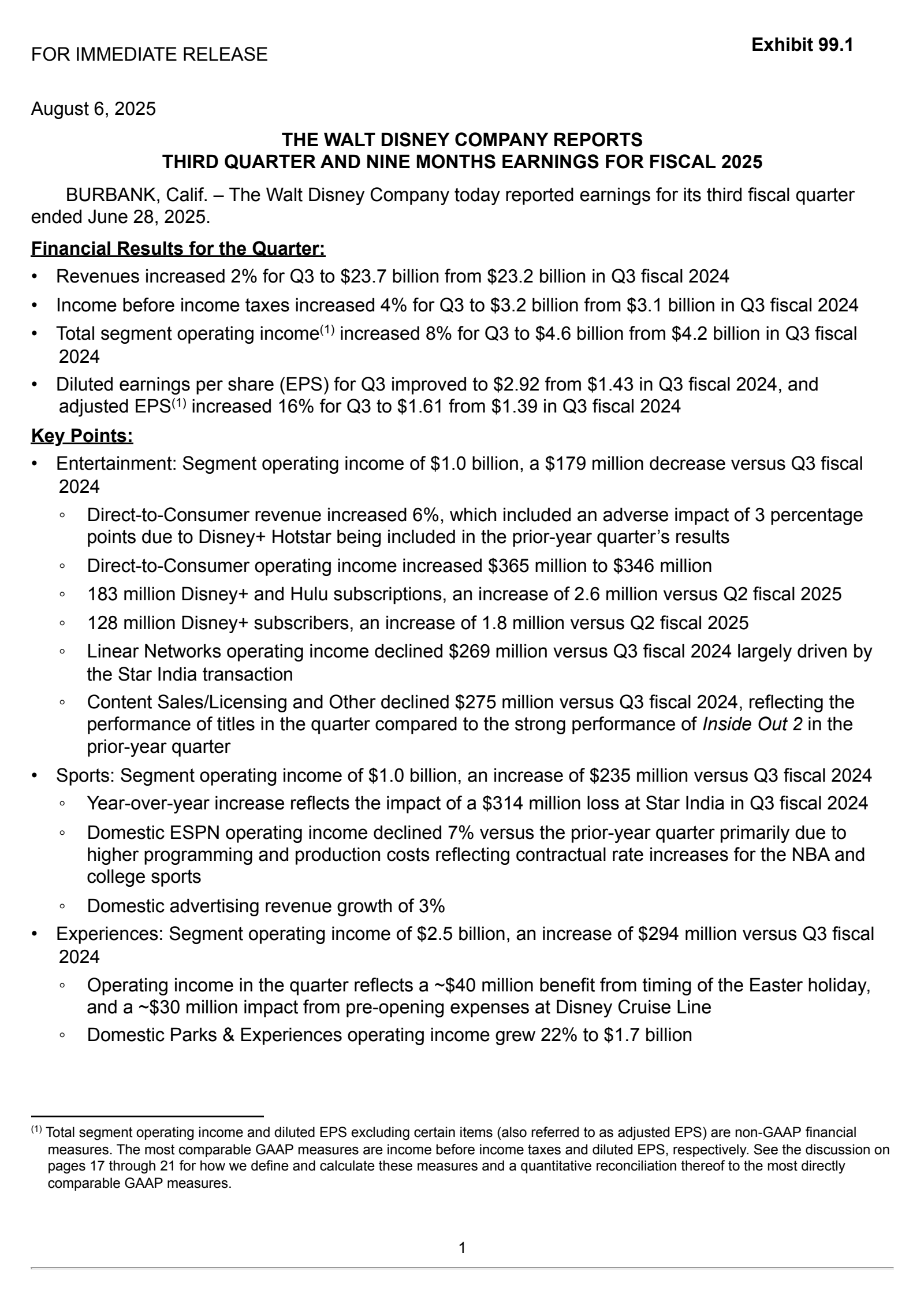 Walt Disney's Q3 2025 Press Release