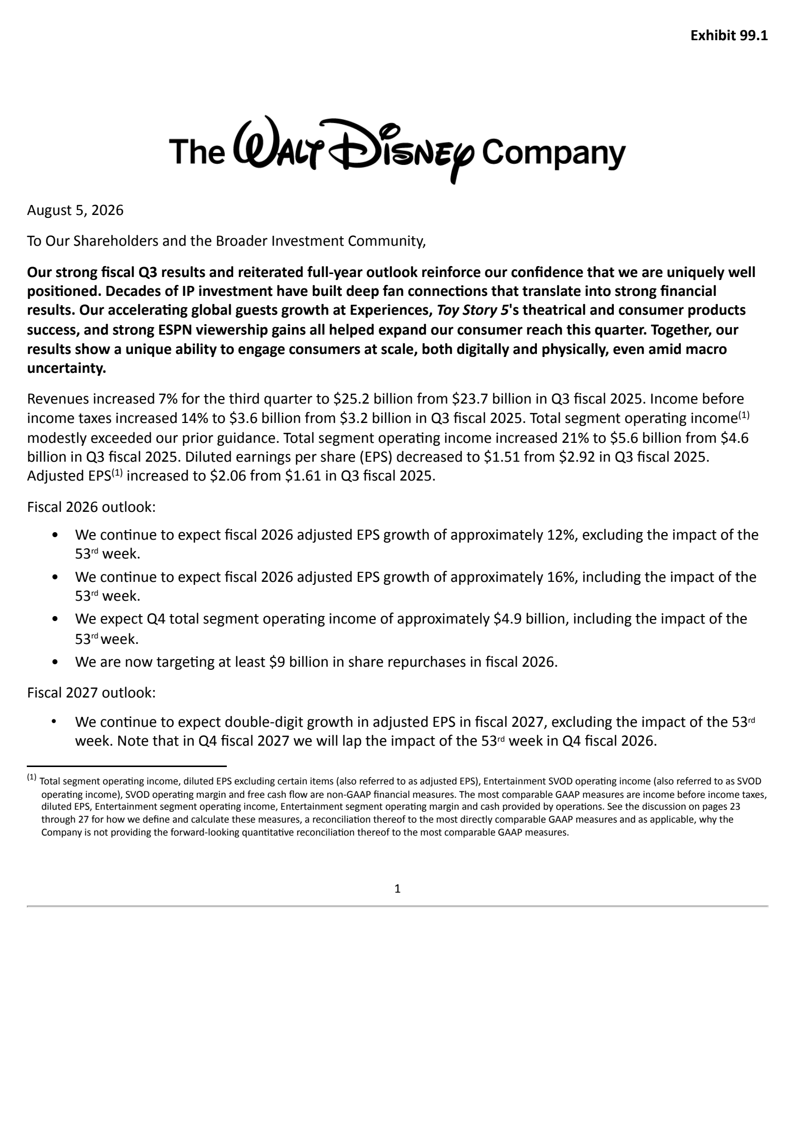 Walt Disney's Q3 2026 Press Release