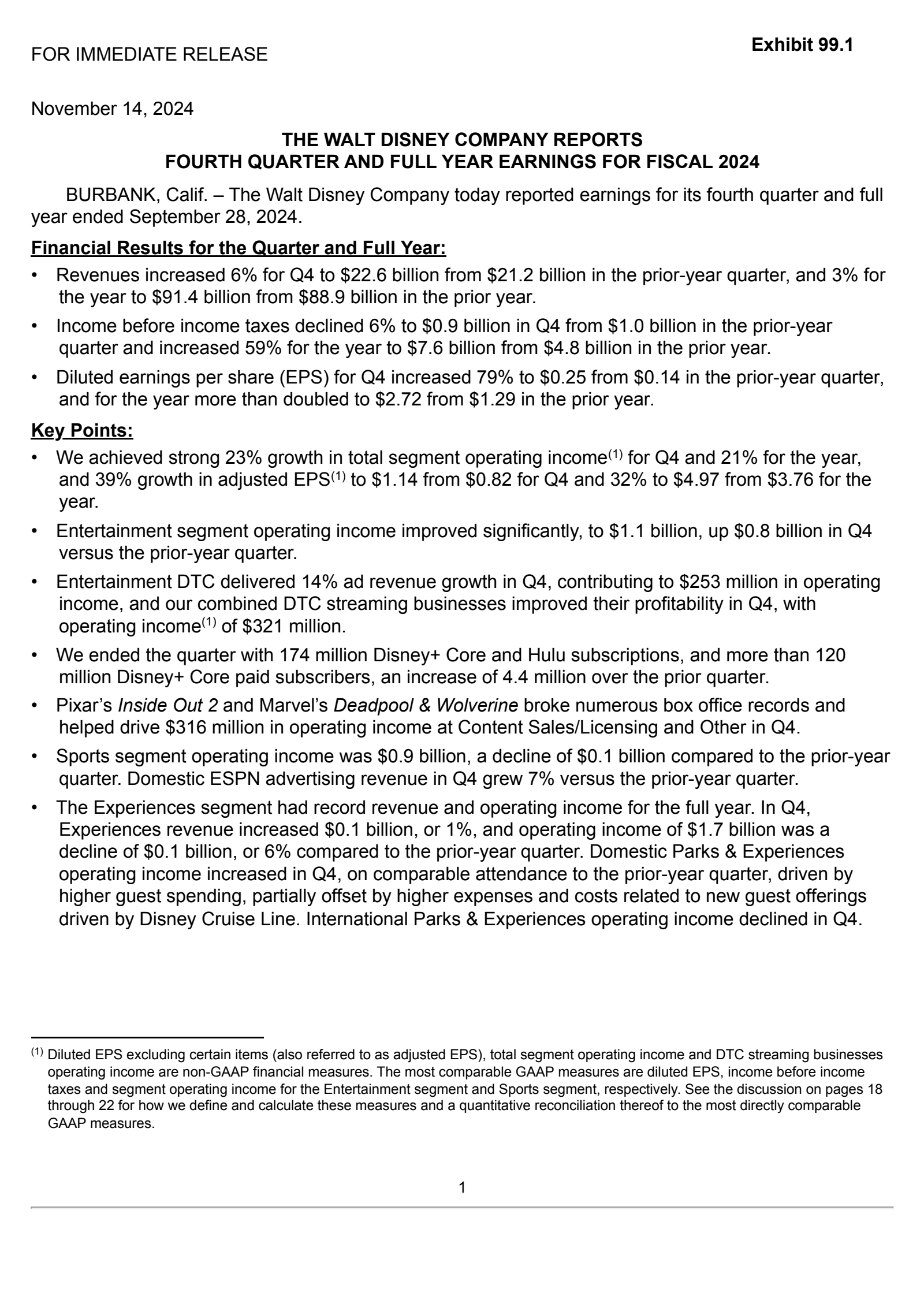 Walt Disney's Q4 2024 Press Release
