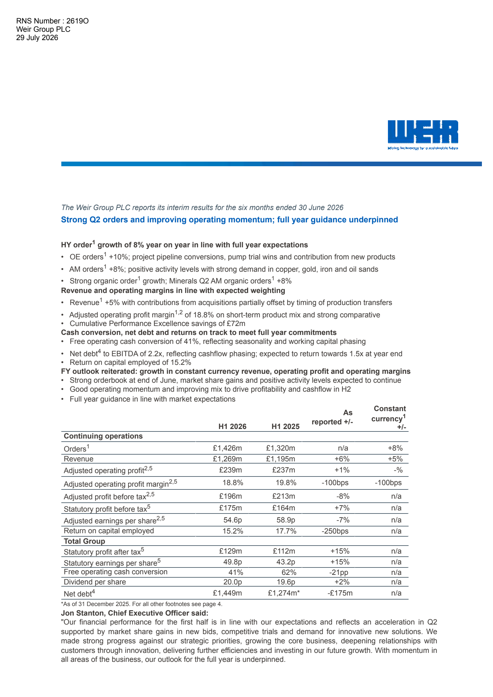 The Weir Group's H1 2026 Interim report