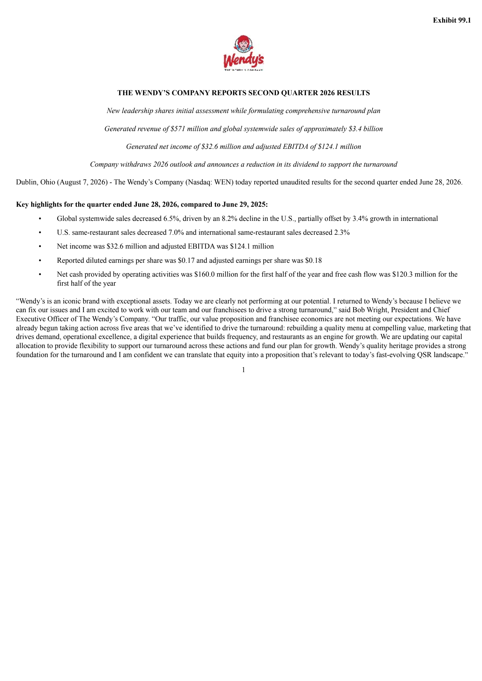 Wendy's' Q2 2026 Press Release