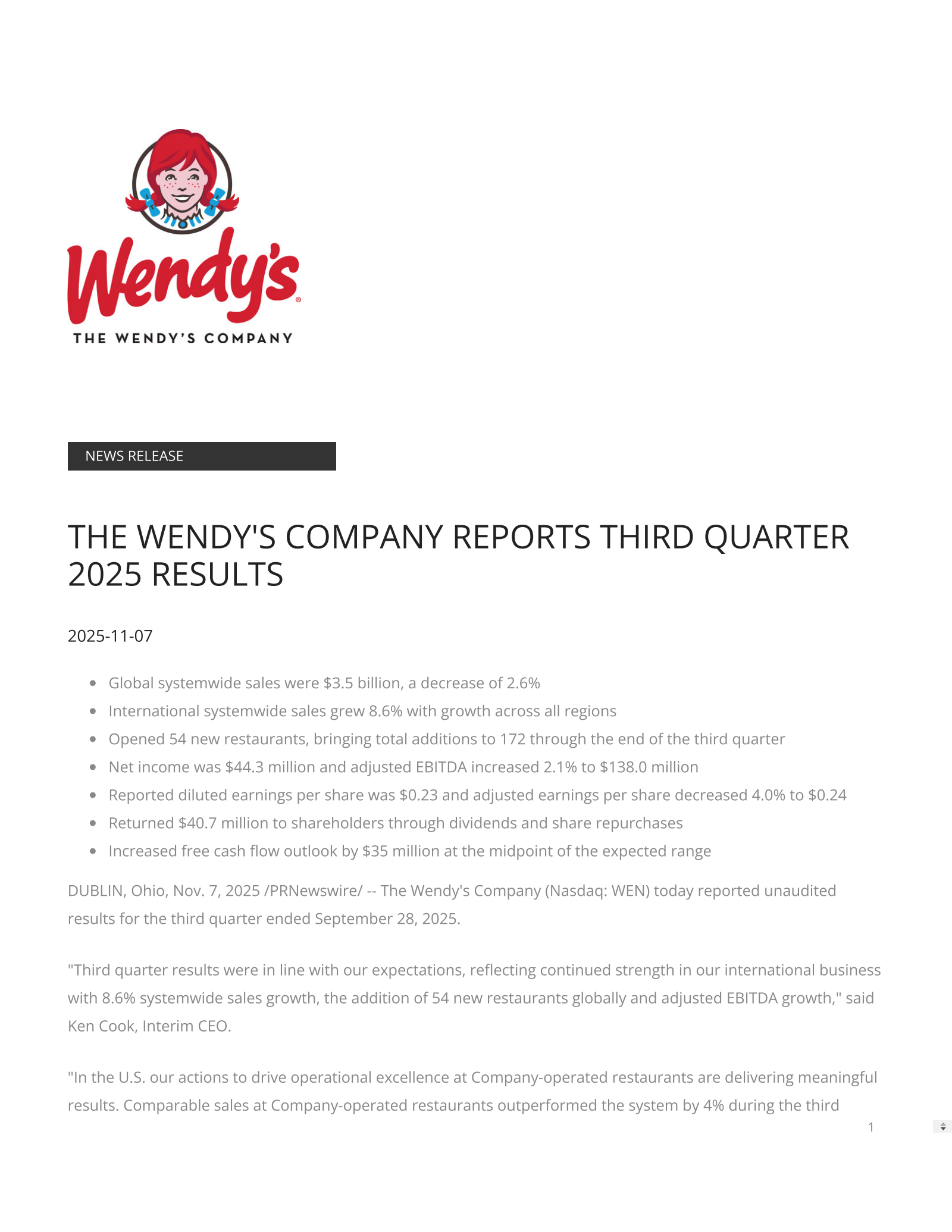 Wendy's' Q3 2025 Earnings Release